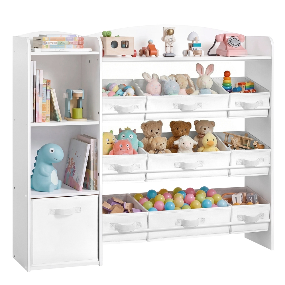 SONGMICS Kinderregal, Spielzeug Aufbewahrung, Spielzeugregal, Montessori Regal, 2 offene Fächer, 9 mittlere und 1 seitliche Boxen, für Kinderzimmer, 30 x 113,1 x 104 cm, wolkenweiß GKR061WB01