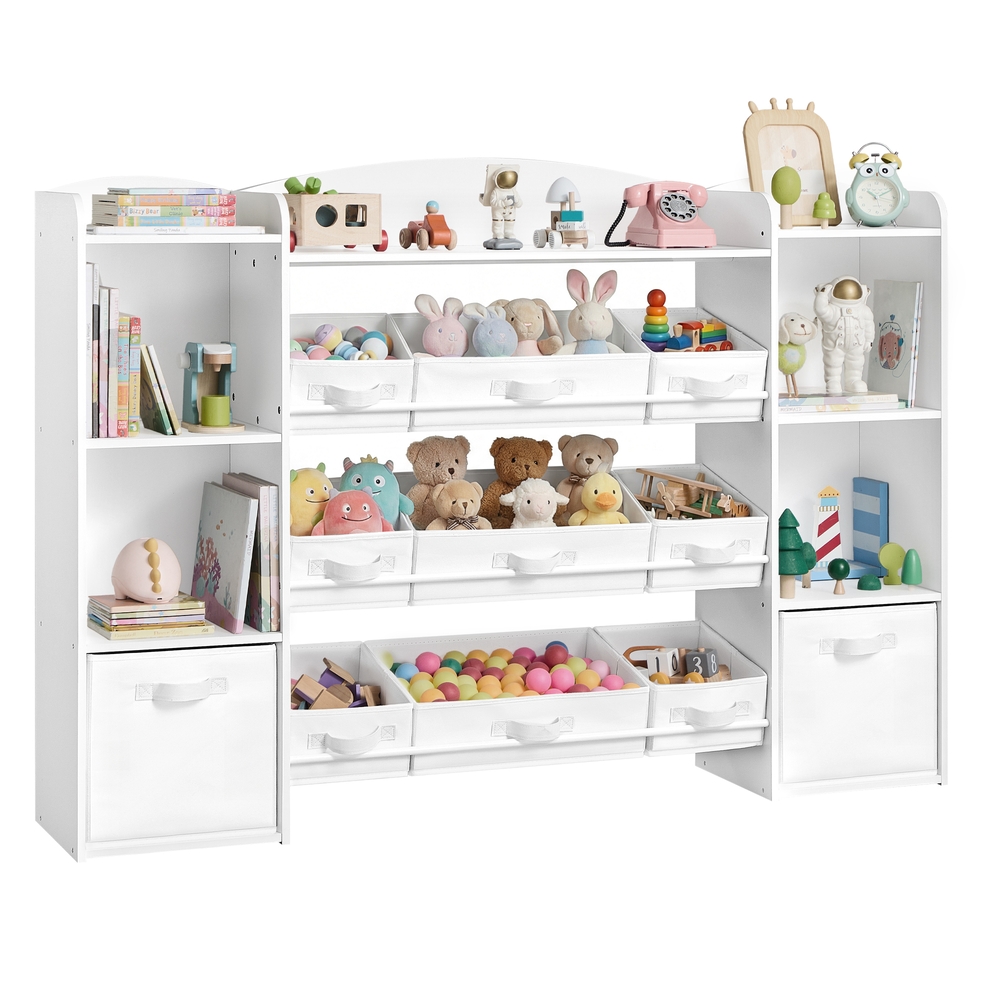 SONGMICS Kinderregal, Spielzeug Aufbewahrung, Spielzeugregal, Montessori Regal, 4 offene Fächer, 9 mittlere und 2 seitliche Boxen, für Kinderzimmer, 30 x 143,8 x 104 cm, wolkenweiß GKR062WB01