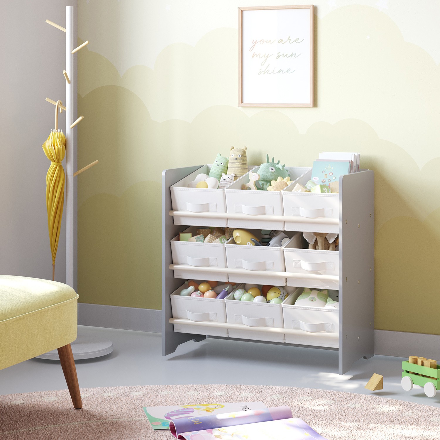Regal, Bücherregal, mit 9 Aufbewahrungsboxen aus Vliesstoff