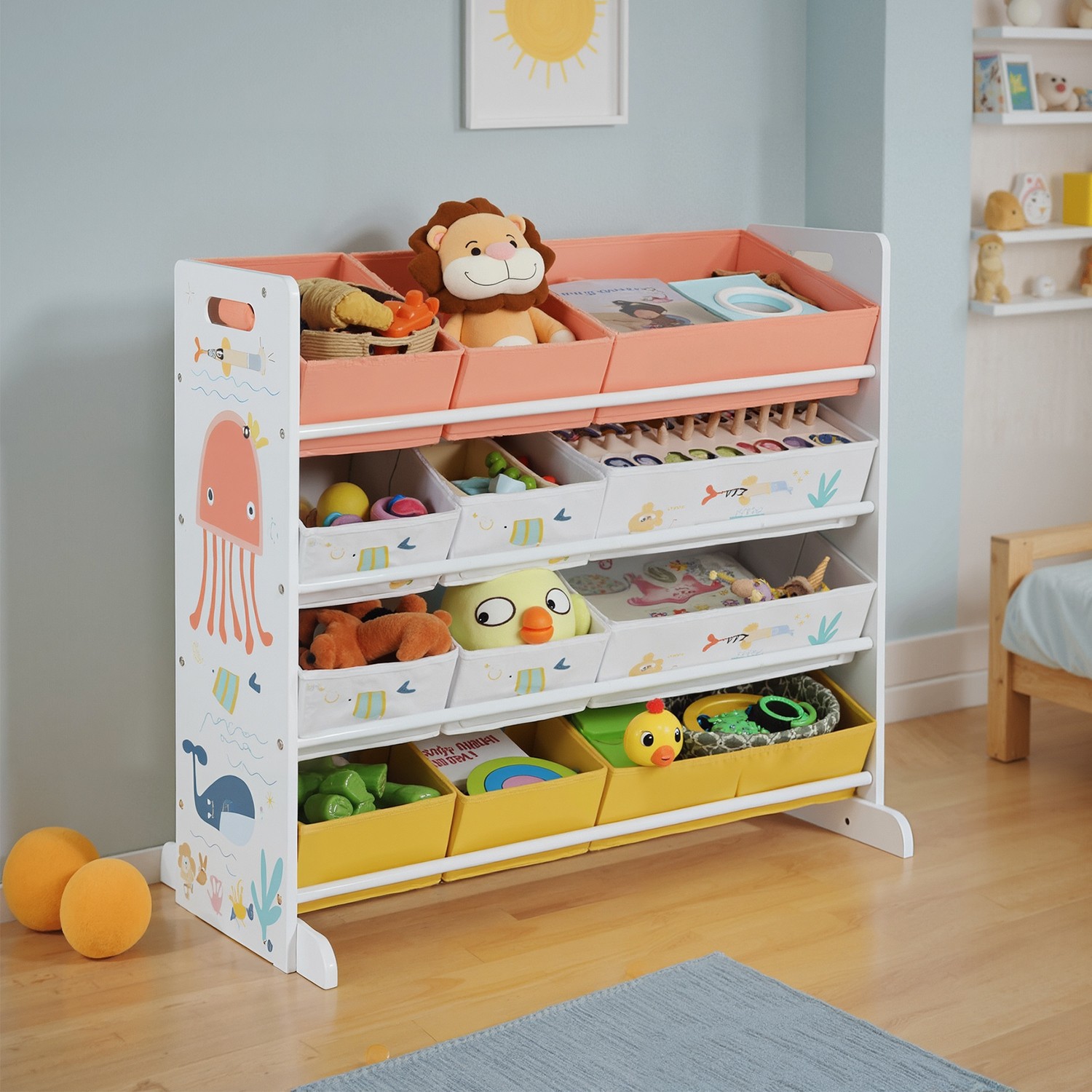 Spielzeugregal, Kinderzimmerregal mit 12 Stoffboxen, für Bücher und Spielzeug