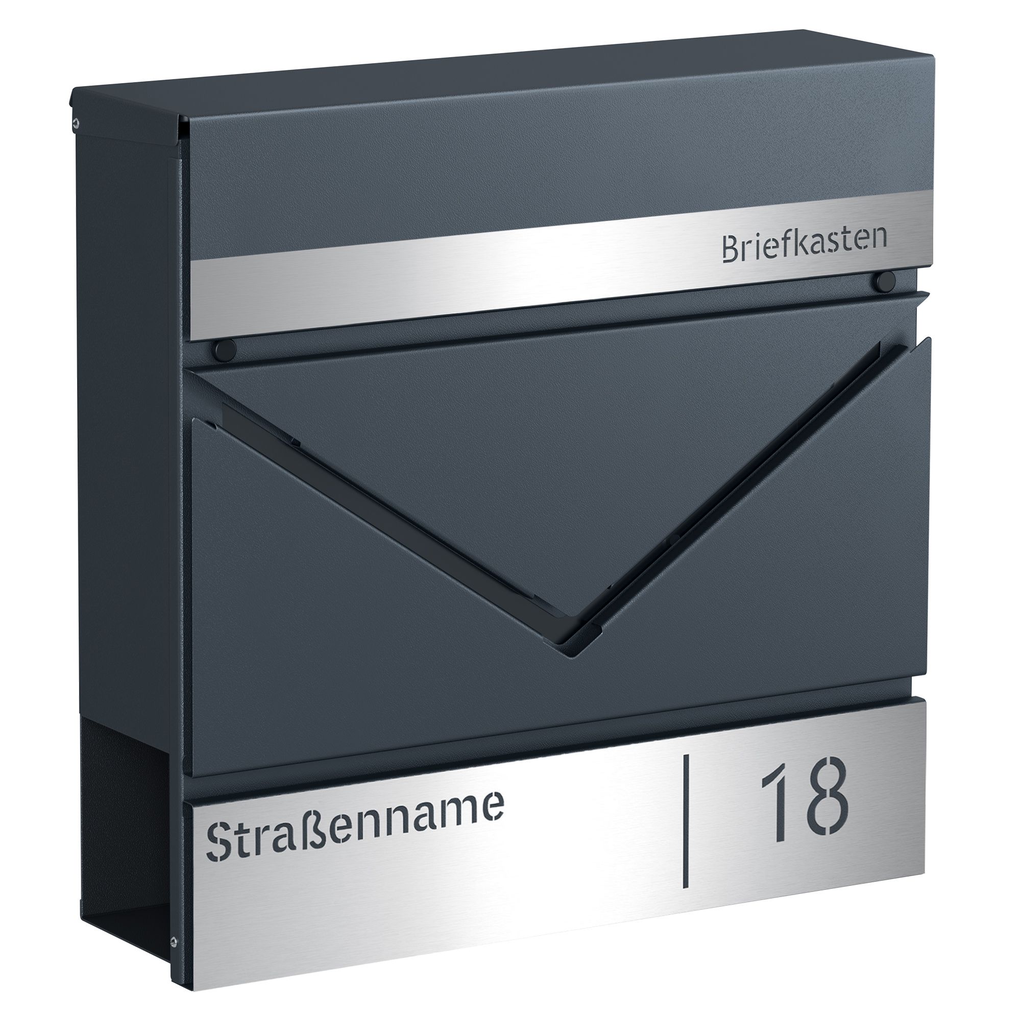 Briefkasten personalisiert, mit Namensschild, Hausnummernschild, Postkasten, Zeitungsfach, V-förmiges Sichtfenster, Schloss, modern, einfache Montage, anthrazit-silbern GMB080D01V1