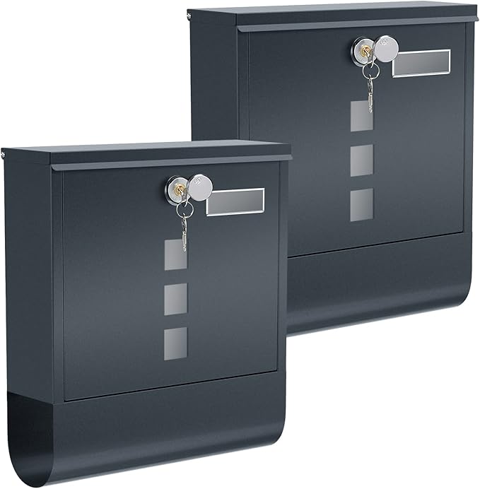 Briefkasten, 2er Set, Wandbriefkasten, Schloss mit Kupfer-Schließzylinder, drehbare Abdeckung, Zeitungsfach, Sichtfenster, Namensschildhalter, abschließbar, anthrazit GMB20AG02