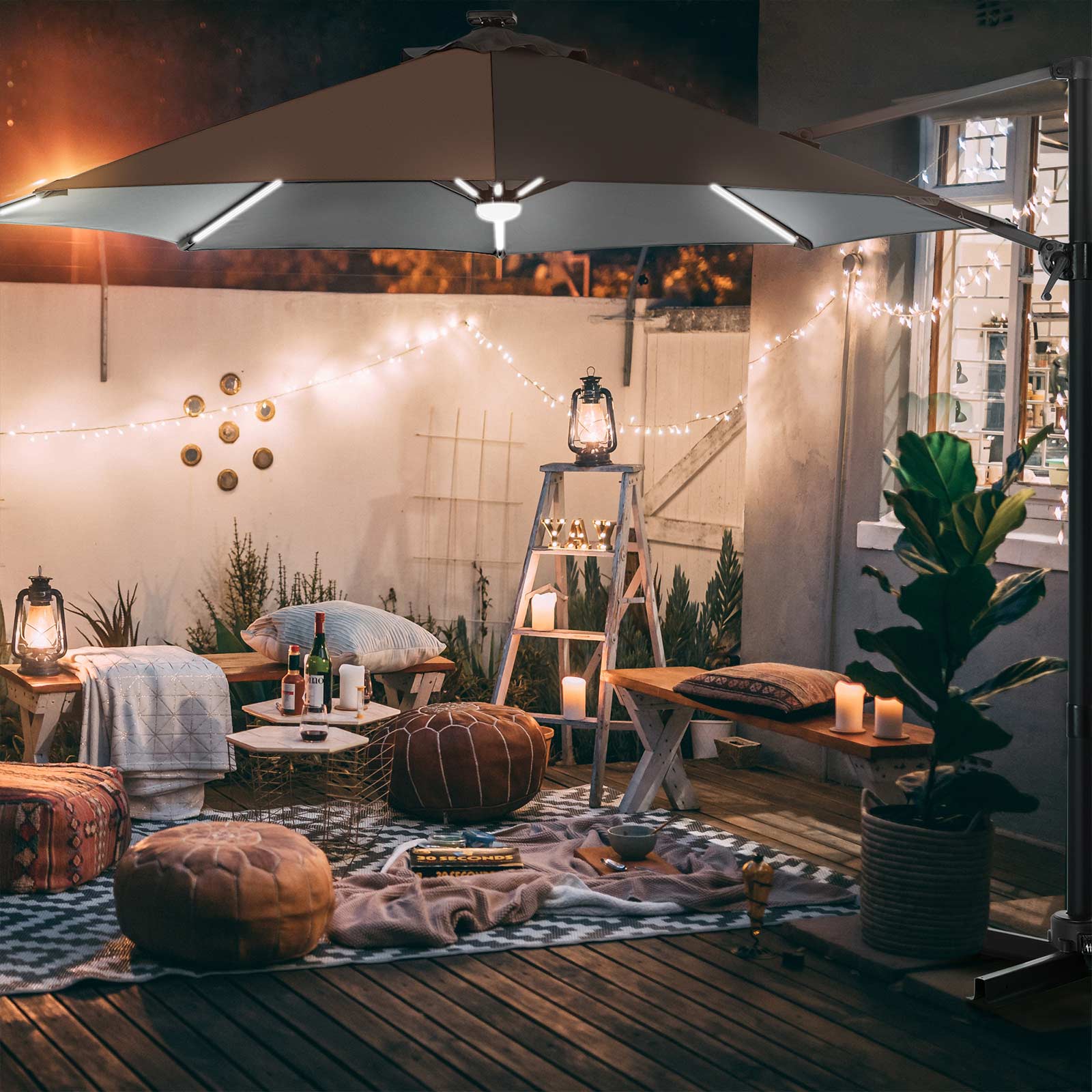 SONGMICS Sonnenschirm mit LED-Beleuchtung, Ampelschirm Ø 300 cm