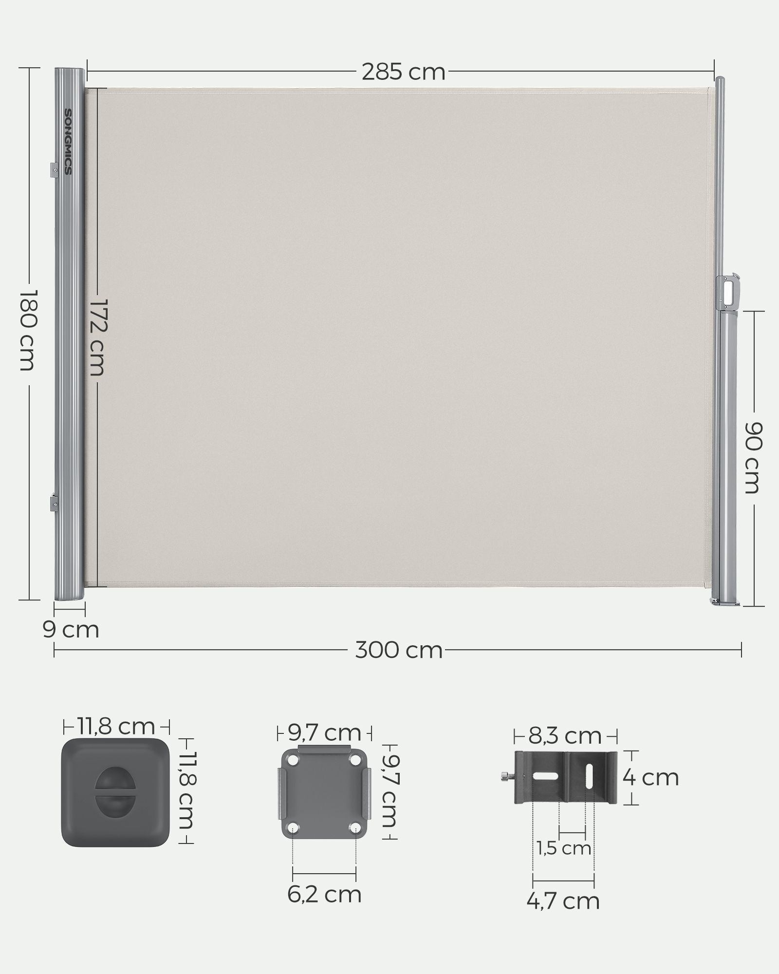 Šoninis tentas 180 x 300 cm Smėlio spalvos