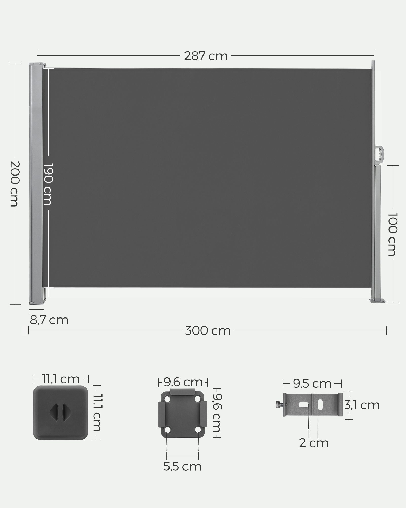 Šoninis tentas 200 x 300 cm antracito spalvos