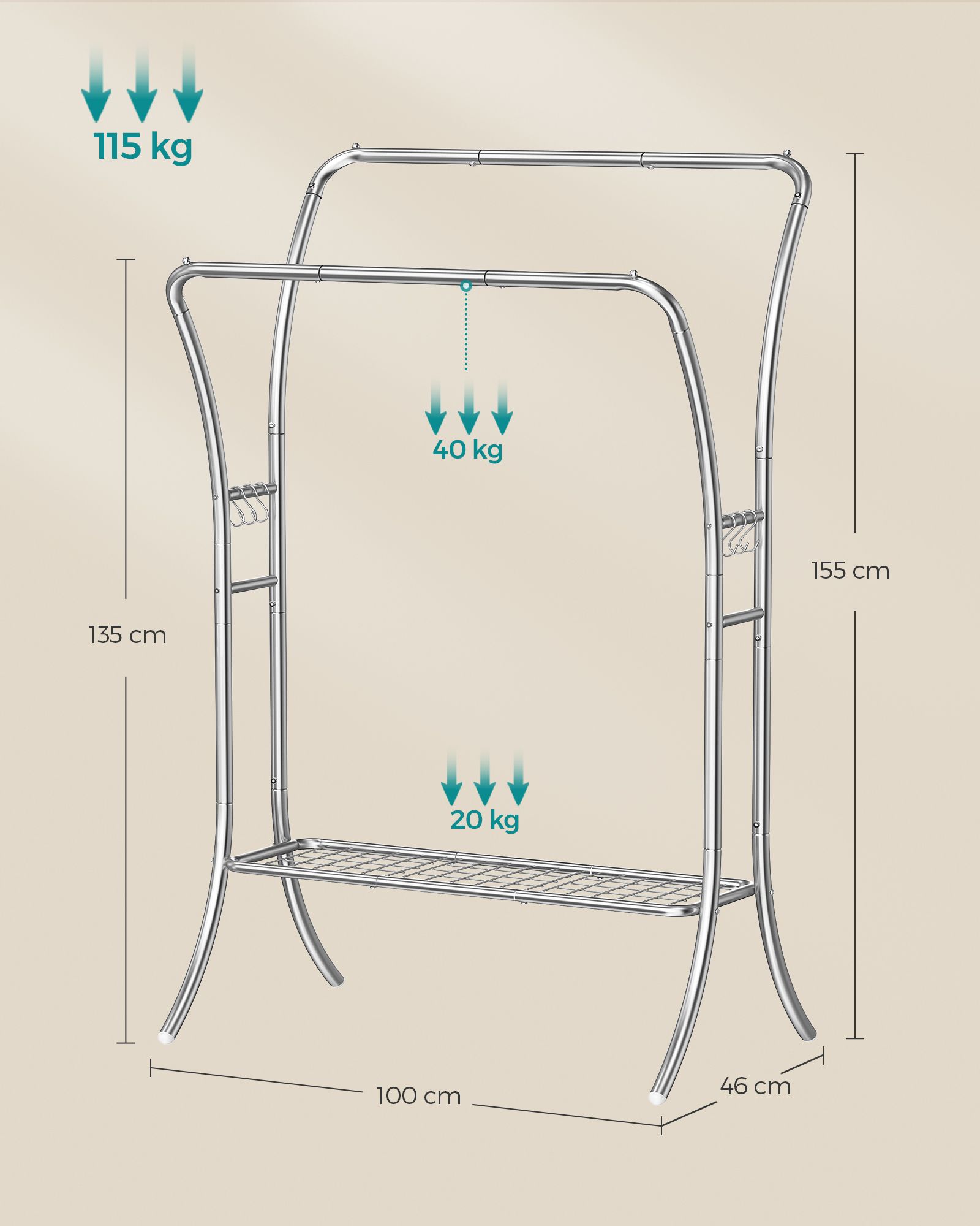 Spinta su 6 kabliukais ir lentynomis