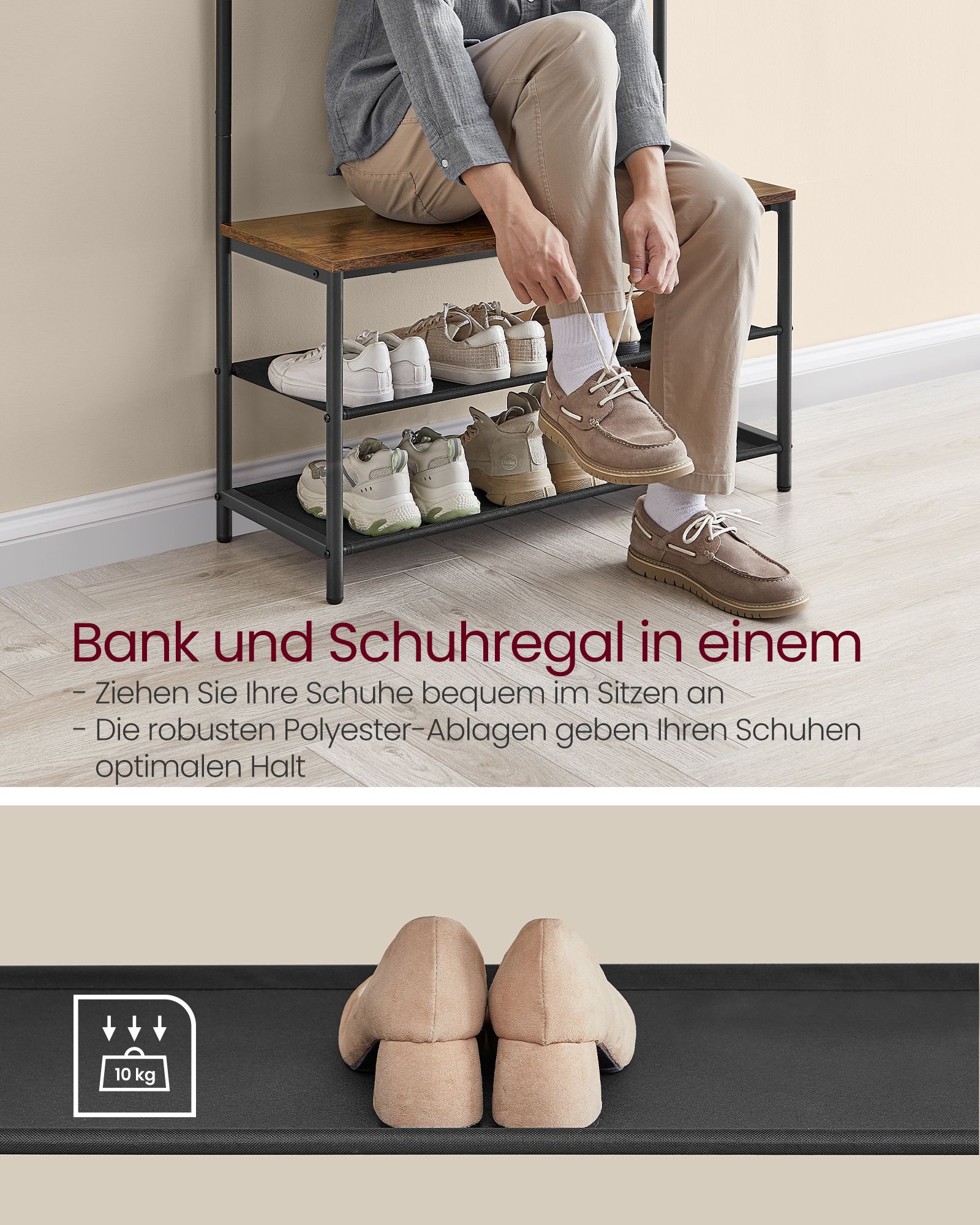 Drabužių lentyna su batų suoleliu