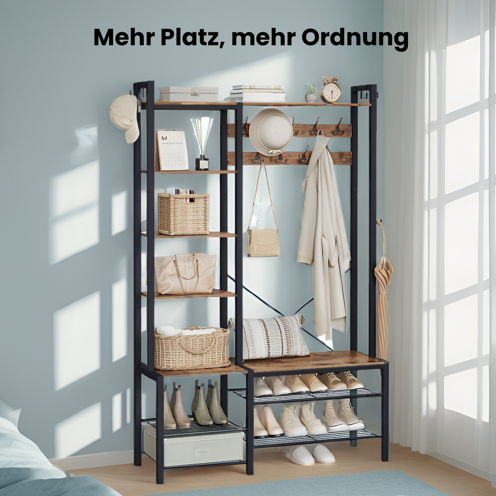 Garderobenständer mit Schuhbank, Garderobe, 5 Regalebenen aus Spanplatten