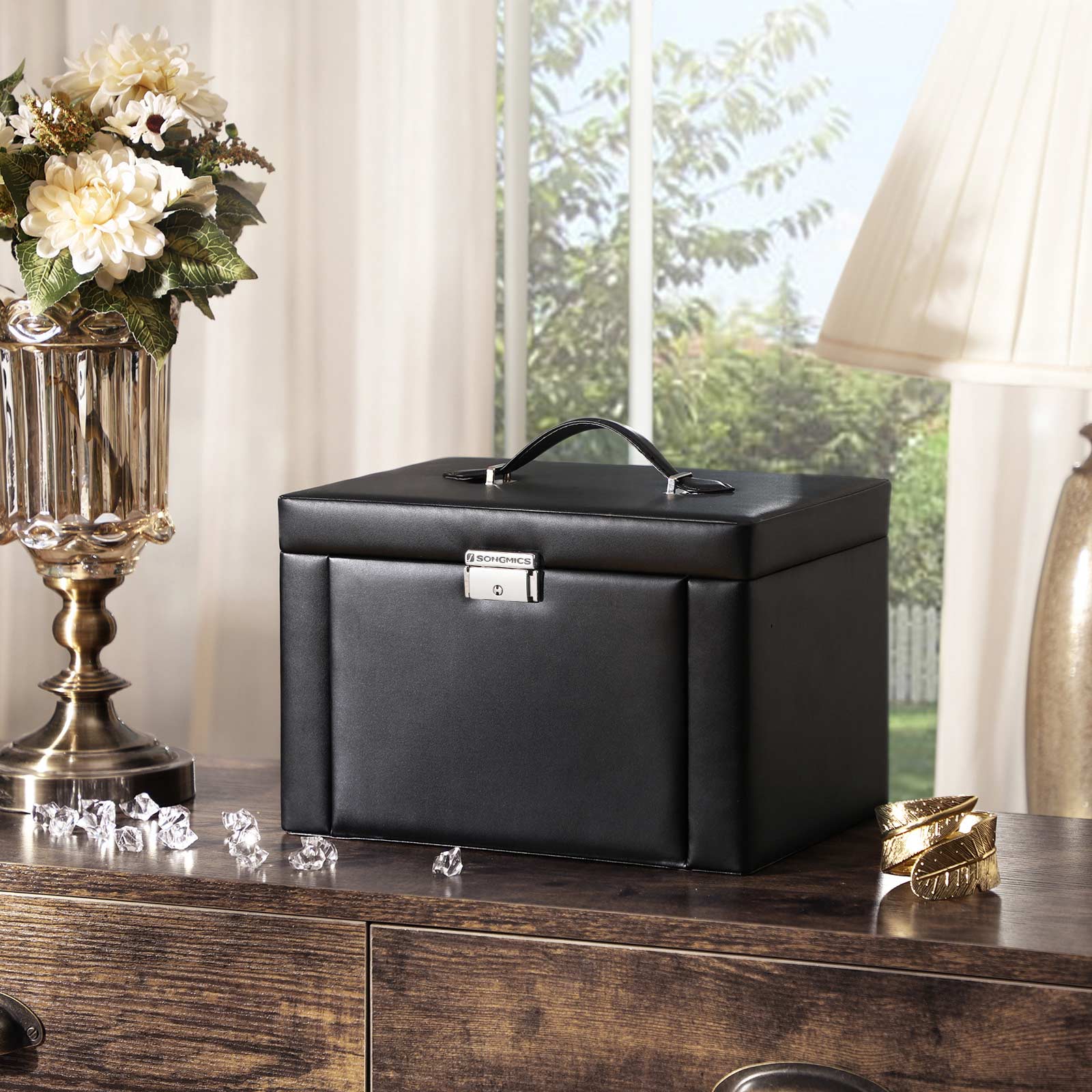 SONGMICS Schmuckkästchen, groß, Schmuckkasten mit 3 Schubladen und
