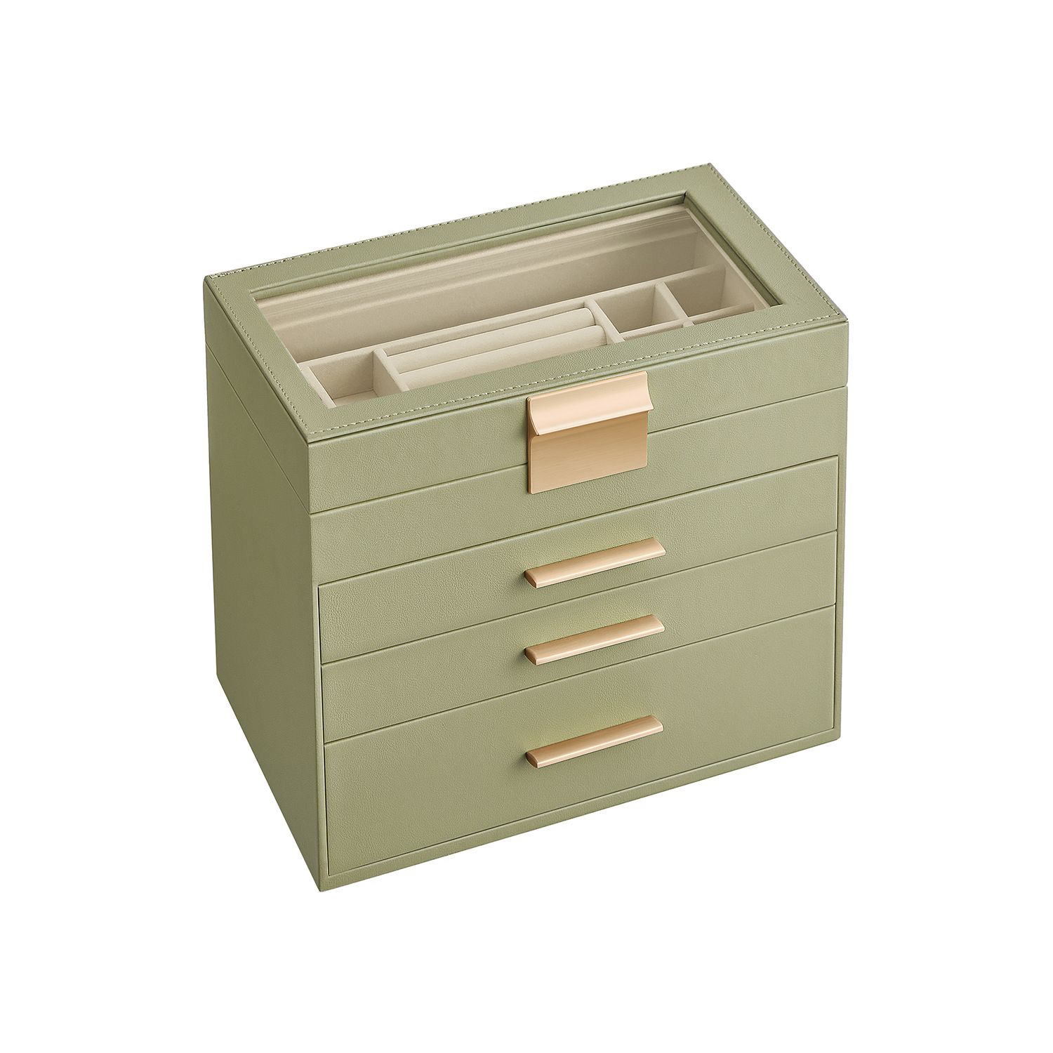 Schmuckkasten mit 4 Ebenen modern lorbeergrün-golden