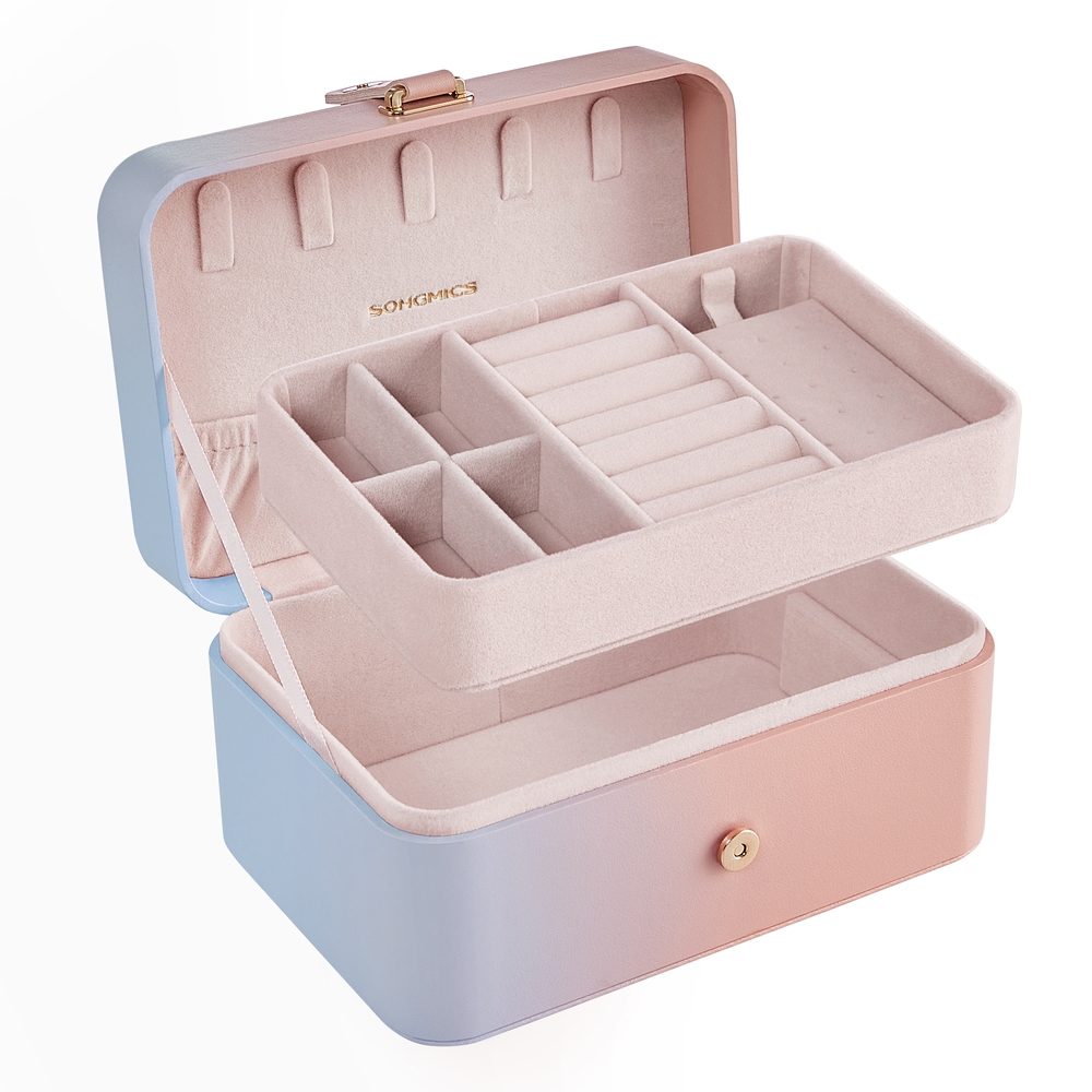 SONGMICS GISELLA Kollektion - Schmuckkästchen Reise mit 2 Ebenen, Schmuckkasten, Schmuckaufbewahrung, tragbar, für größere Accessoires, Geschenkidee, 11 x 16 x 8 cm, Ombré-Rosa-Blau JBC166X101