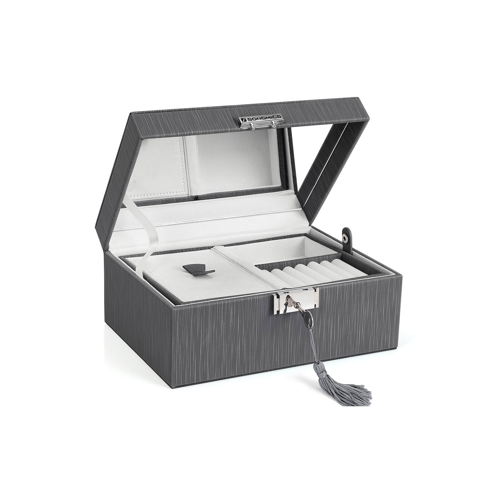 SONGMICS Schmuckschatulle, PU, Schmuckkästchen, Stauraum auf 2 Ebenen