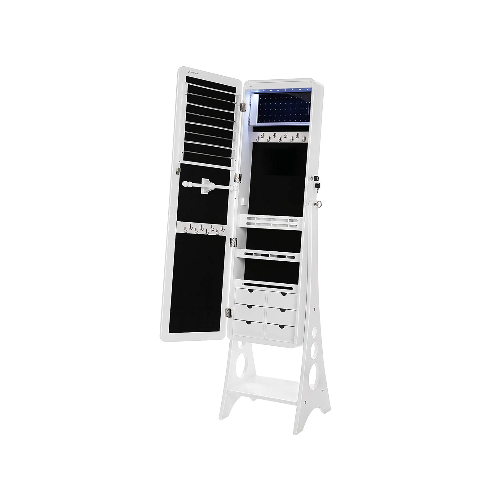 Schmuckschrank mit 8 LEDs mit abgerundeten Kanten Spiegel abschließbarer Schmuckorganizer mit 6 Schubladen und Ohrring Aufbewahrung Weiß JBC89WT