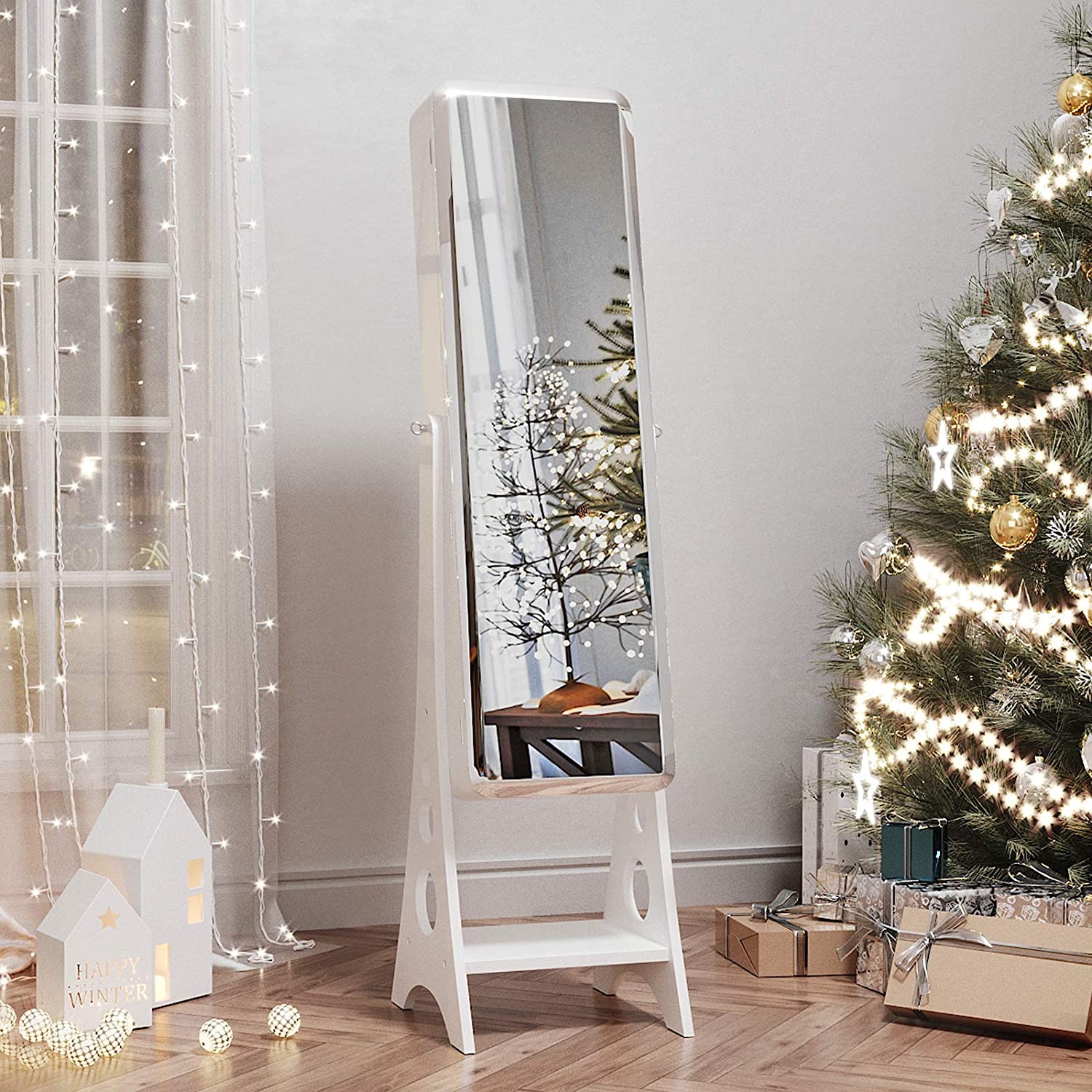 Papuošalų spintelė su dideliu veidrodžiu