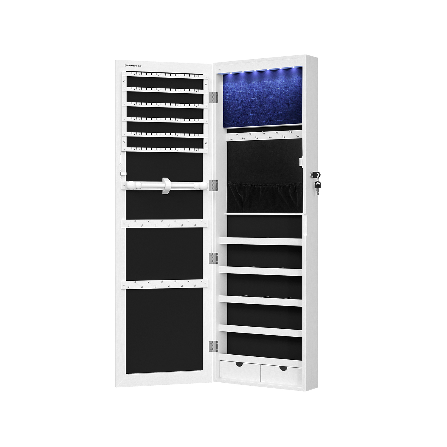 Songmics - Schmuckschrank hängend 6 LED-Glühbirnen abschließbarer Spiegelschrank Wandschrank mit Spiegel zahlreichen Fächern Wandmontage an der