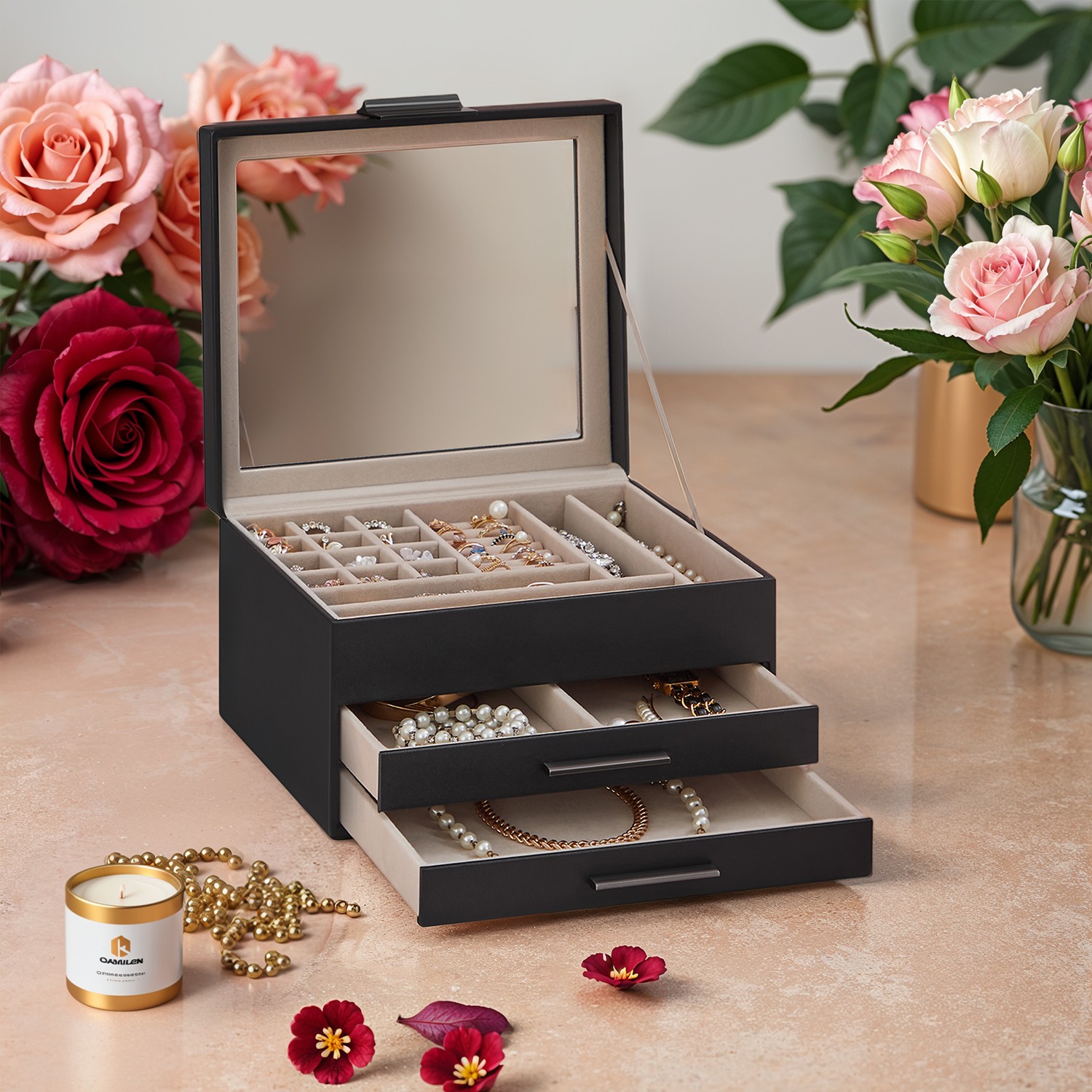 Schmuckkästchen, Schmuckkasten 3 Ebenen, Schmuckbox mit Glasdeckel