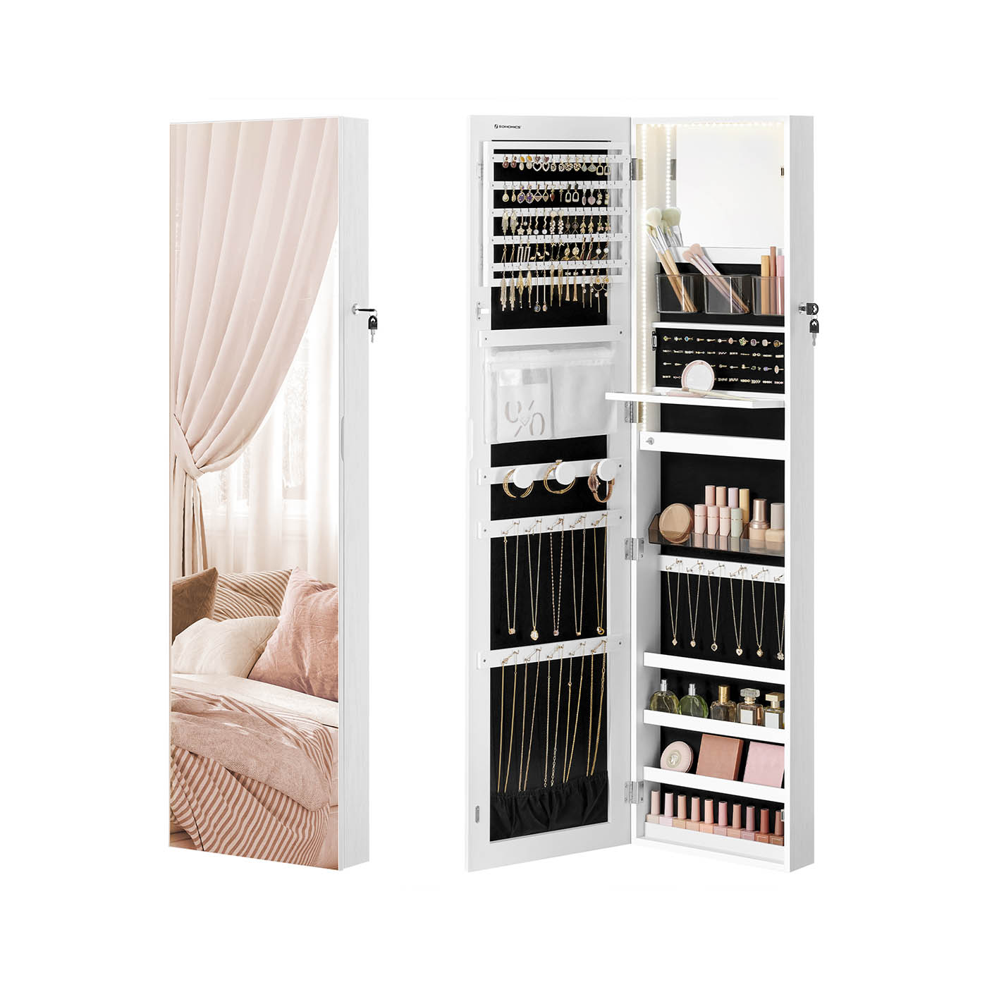 Schmuckschrank 140 cm hoch mit Innenspiegel wolkenweiß