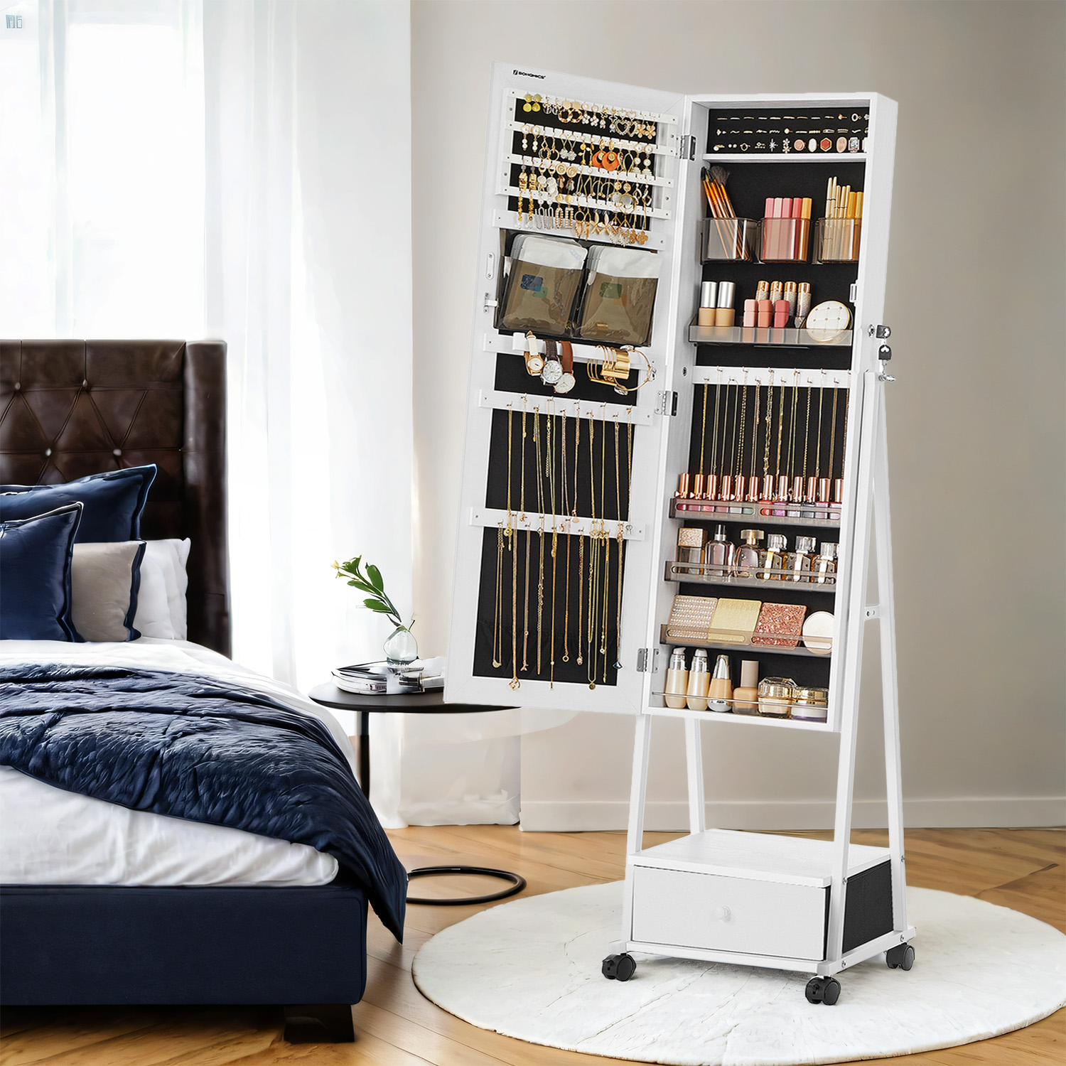 Songmics - Schmuckschrank Ganzkörperspiegel Spiegelschrank abschließbarer Schmuckorganizer mit Schublade Rollen Geschenkidee Weiß JJC004W02