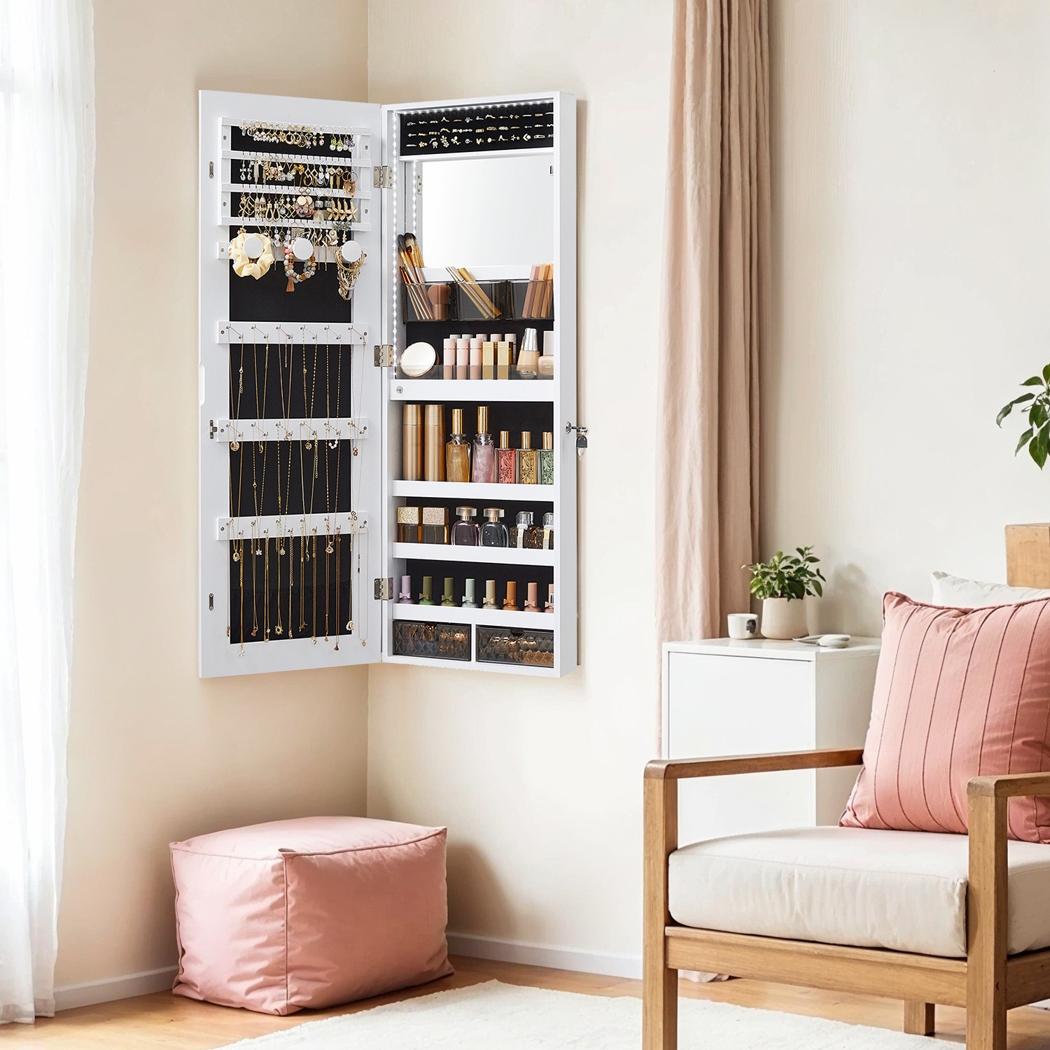 Schmuckschrank mit LED-Beleuchtung, abschließbar, Schmuck-Organizer