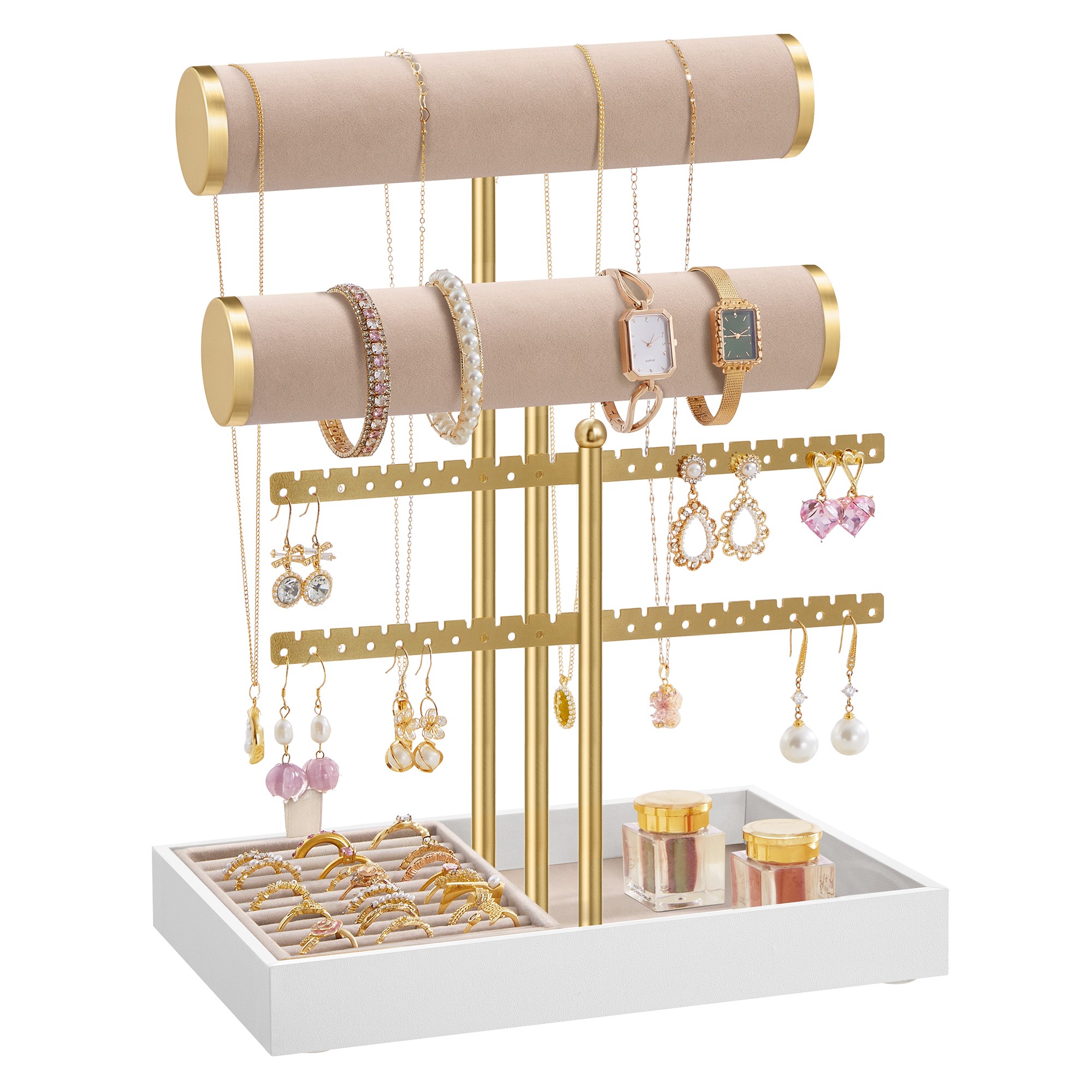 Schmuckhalter mit Tablett aus Samt blassgold-kamelbraun