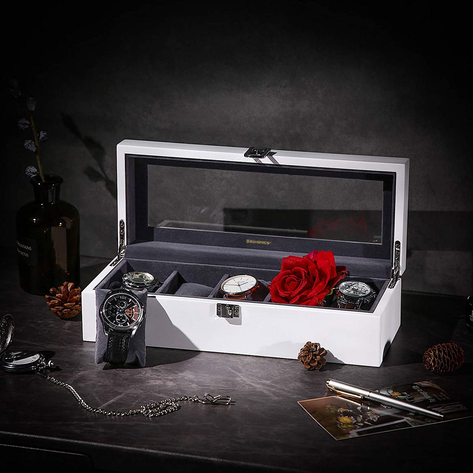 SONGMICS Uhrenbox mit 5 Fächern, aus Holz, eleganter Uhrenkasten mit