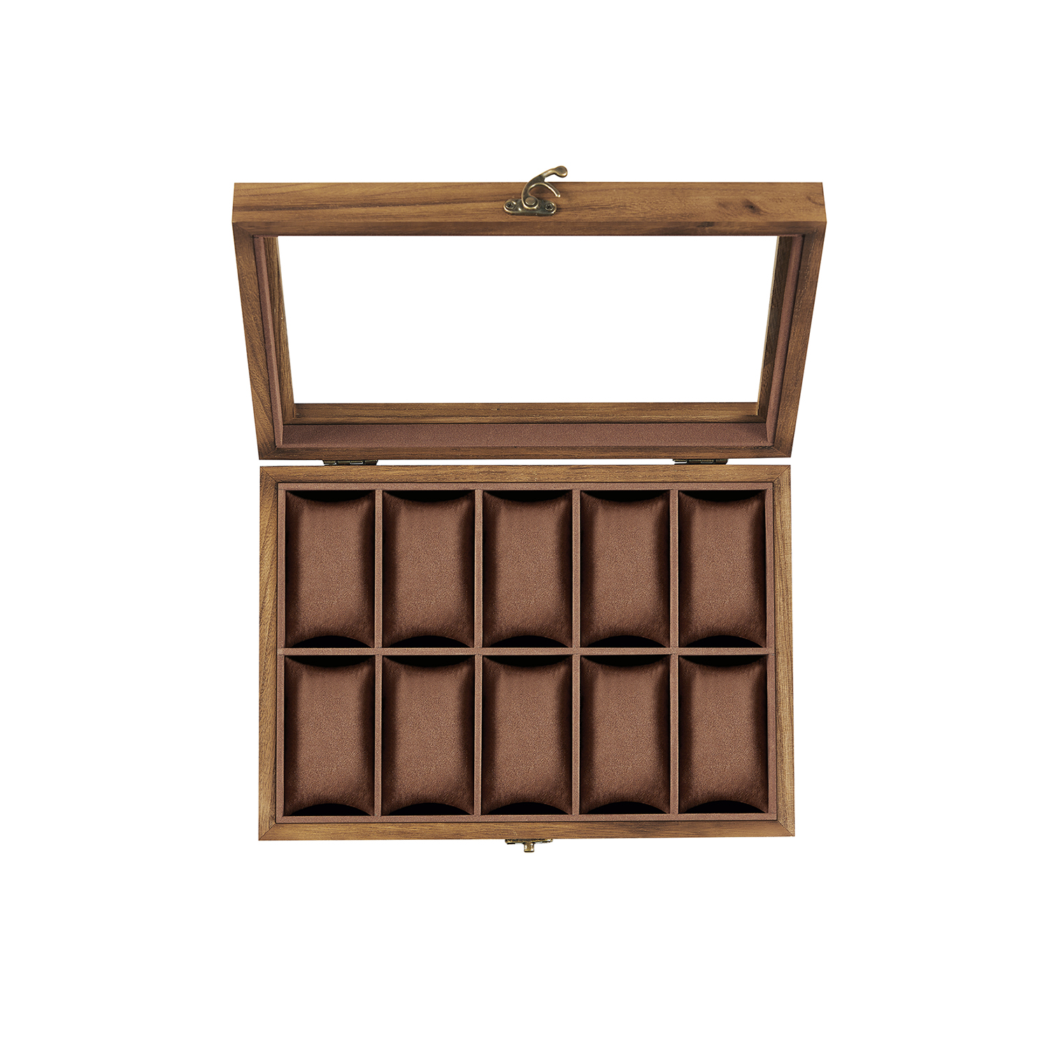 Uhrenbox mit 10 Fächern aus Massivholz walnussfarben