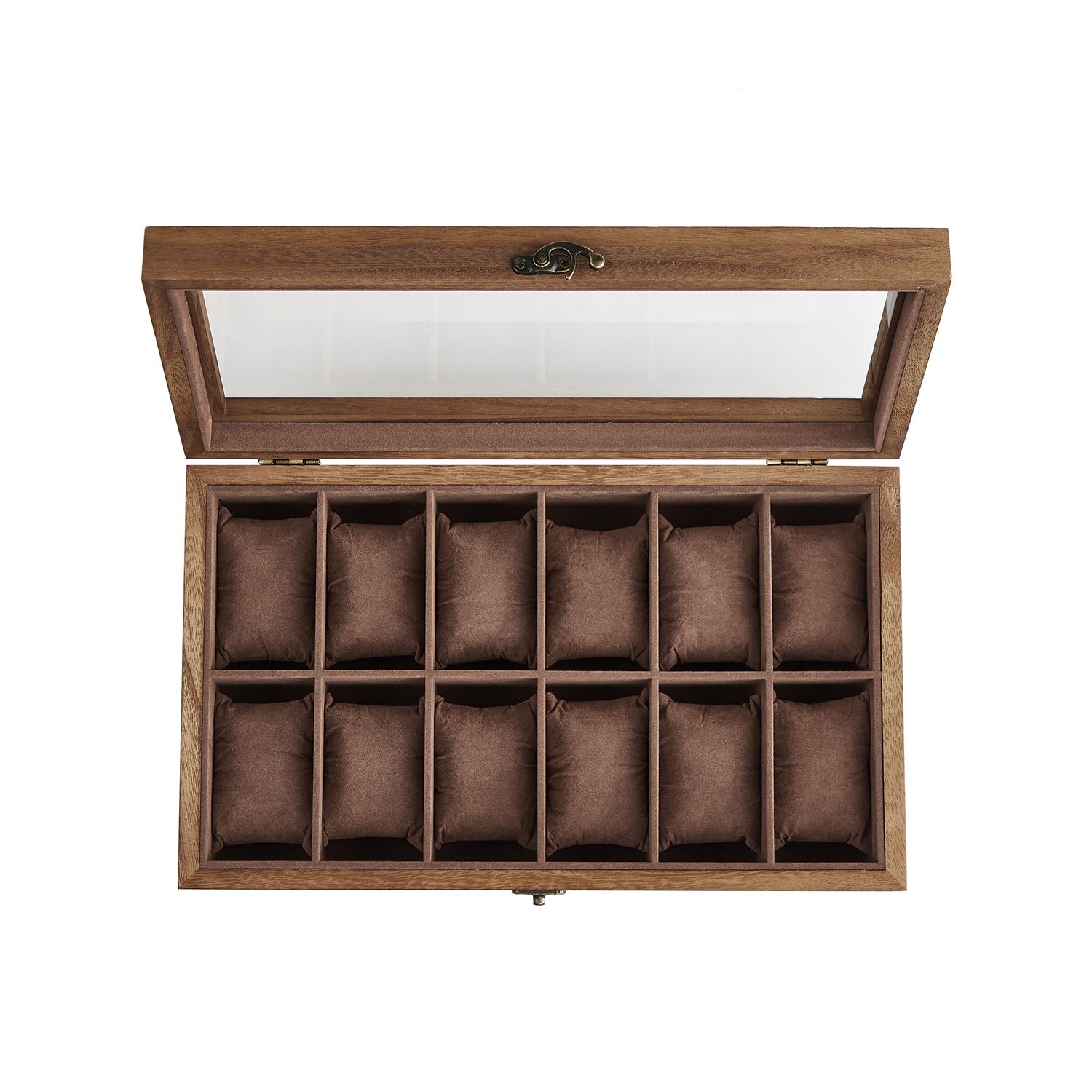 Uhrenbox 12 Fächer aus Massivholz mit Glasdeckel walnussfarben