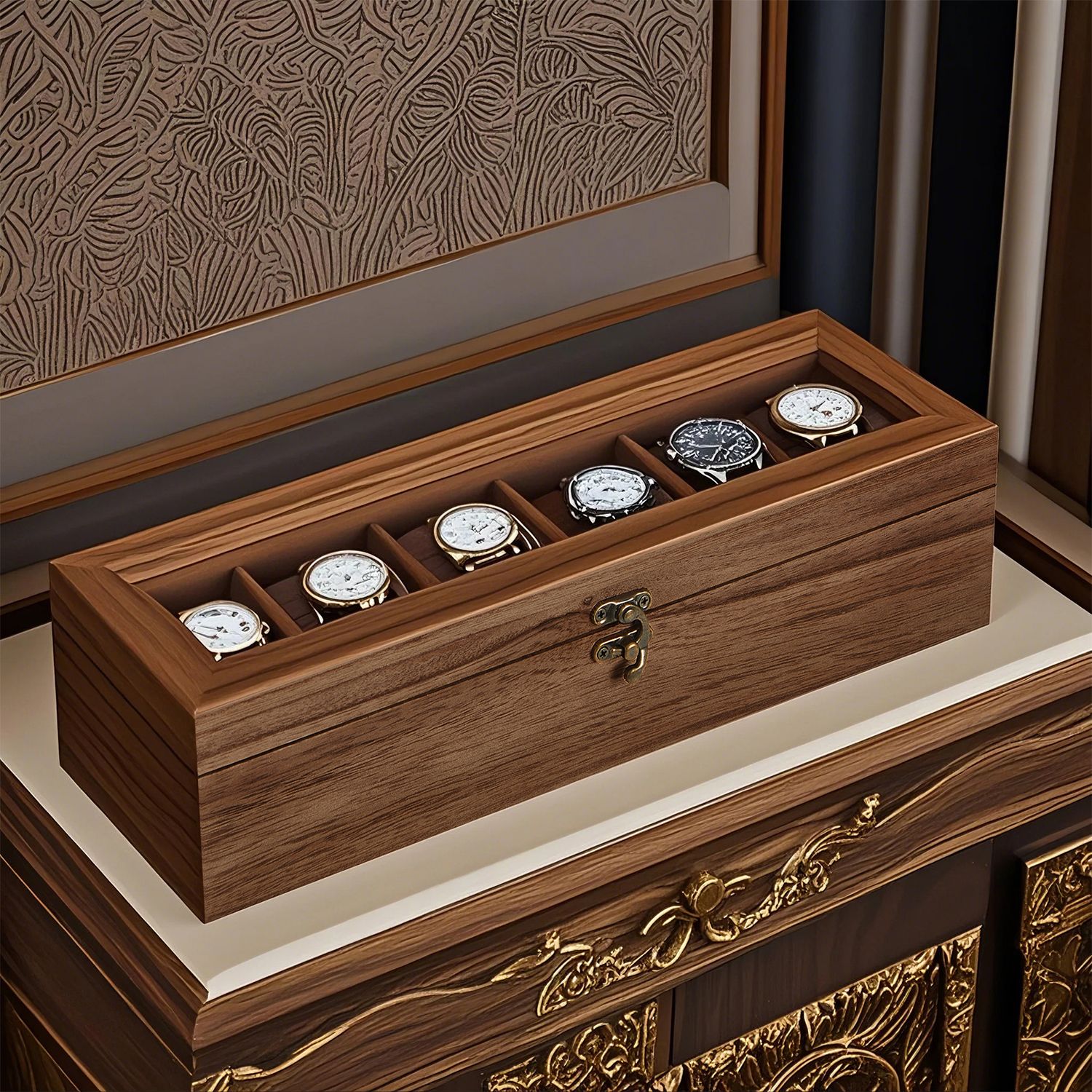 Uhrenbox mit 6 Fächern, Uhrenkasten aus Massivholz, mit Glasdeckel