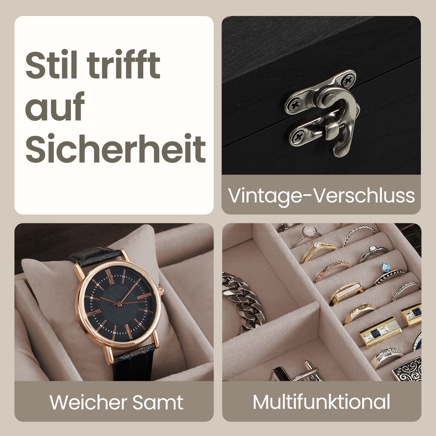 Uhrenbox mit 8 Fächern, Uhrenkasten aus Massivholz, mit Glasdeckel