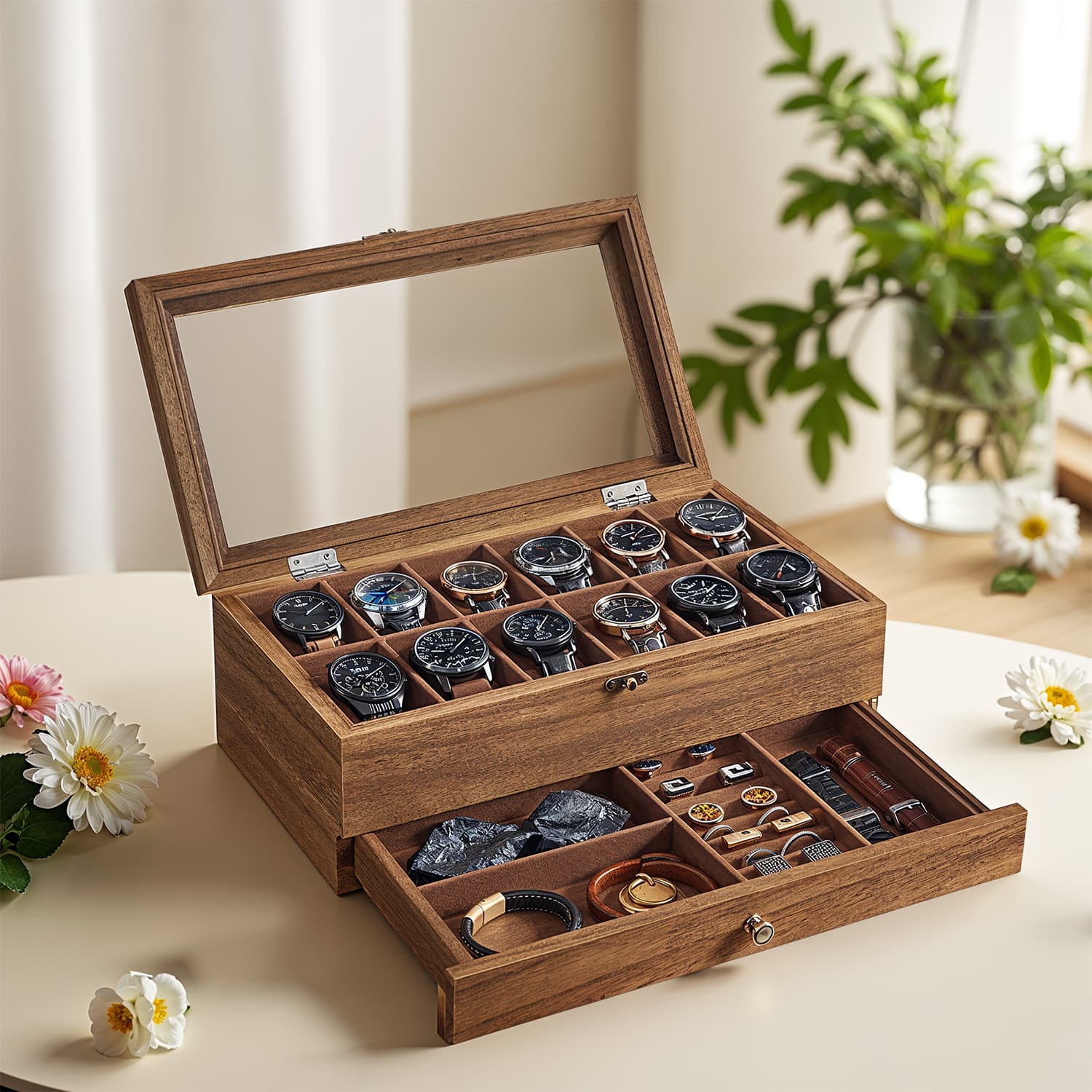 Uhrenbox mit 12 Fächern, Uhrenkasten aus Massivholz, mit Glasdeckel