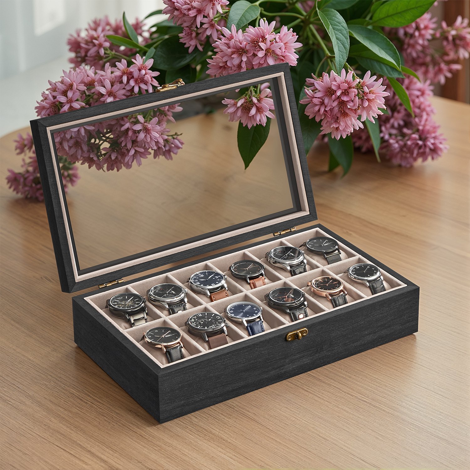 Uhrenbox aus Massivholz, mit Glasdeckel und 12 Fächern, Geschenkidee