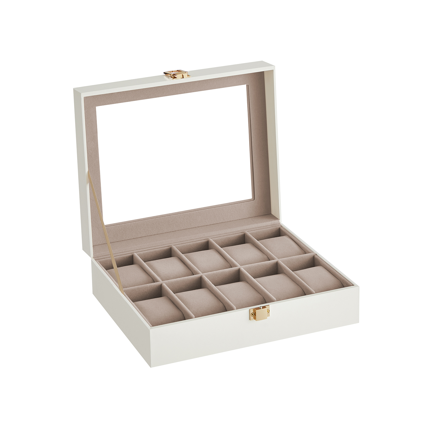 Uhrenbox mit 10 Fächern Metallverschluss PU-Bezug  wolkenweiß