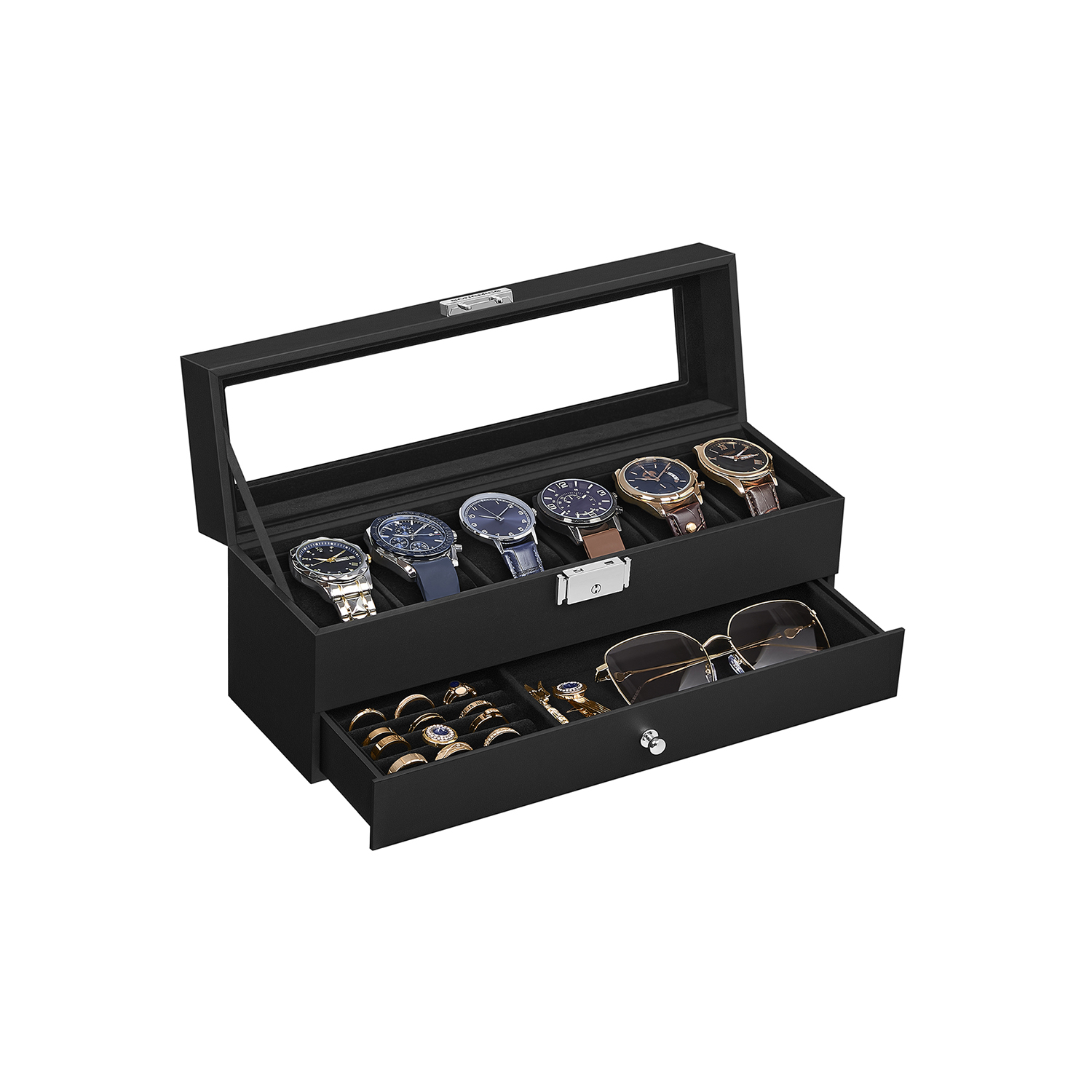 Uhrenbox mit 2 Ebenen PU-Bezug und Innenfutter in Schwarz