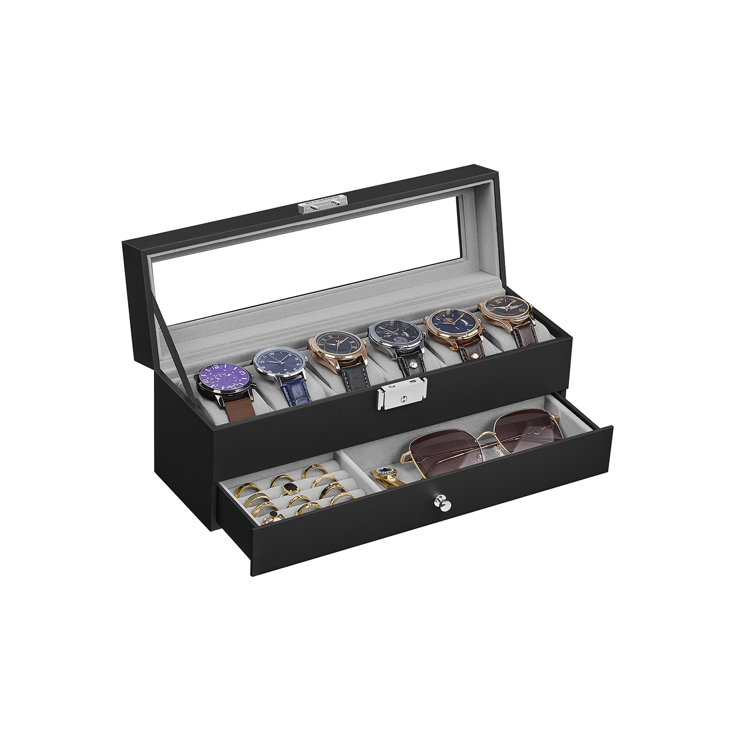 Uhrenbox mit 2 Ebenen PU-Bezug und Innenfutter in Grau