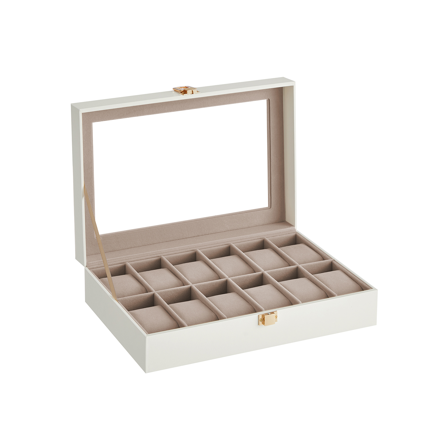 Uhrenbox mit 12 Fächern Glasdeckel Metallverschluss wolkenweiß