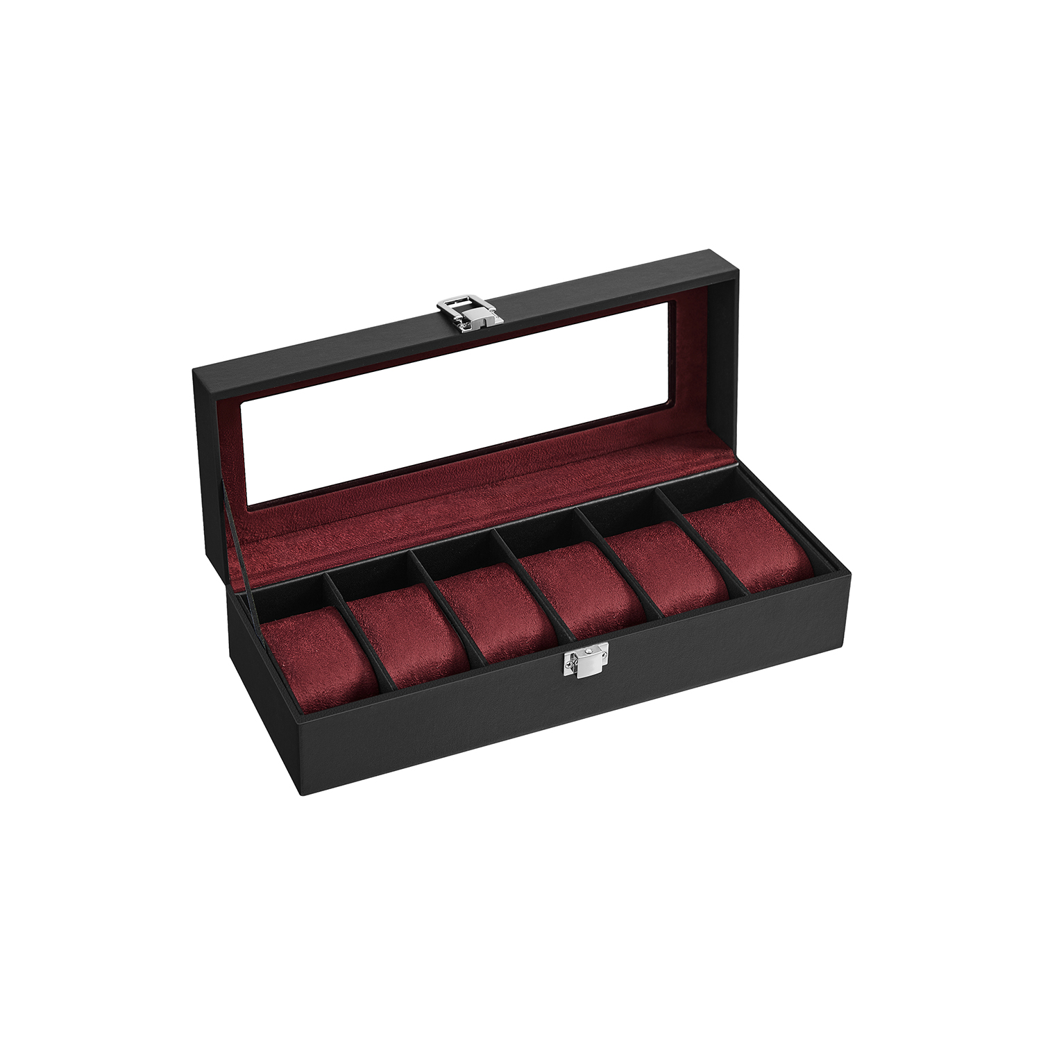 Uhrenbox mit 6 Fächern Glasdeckel Metallverschluss schwarz