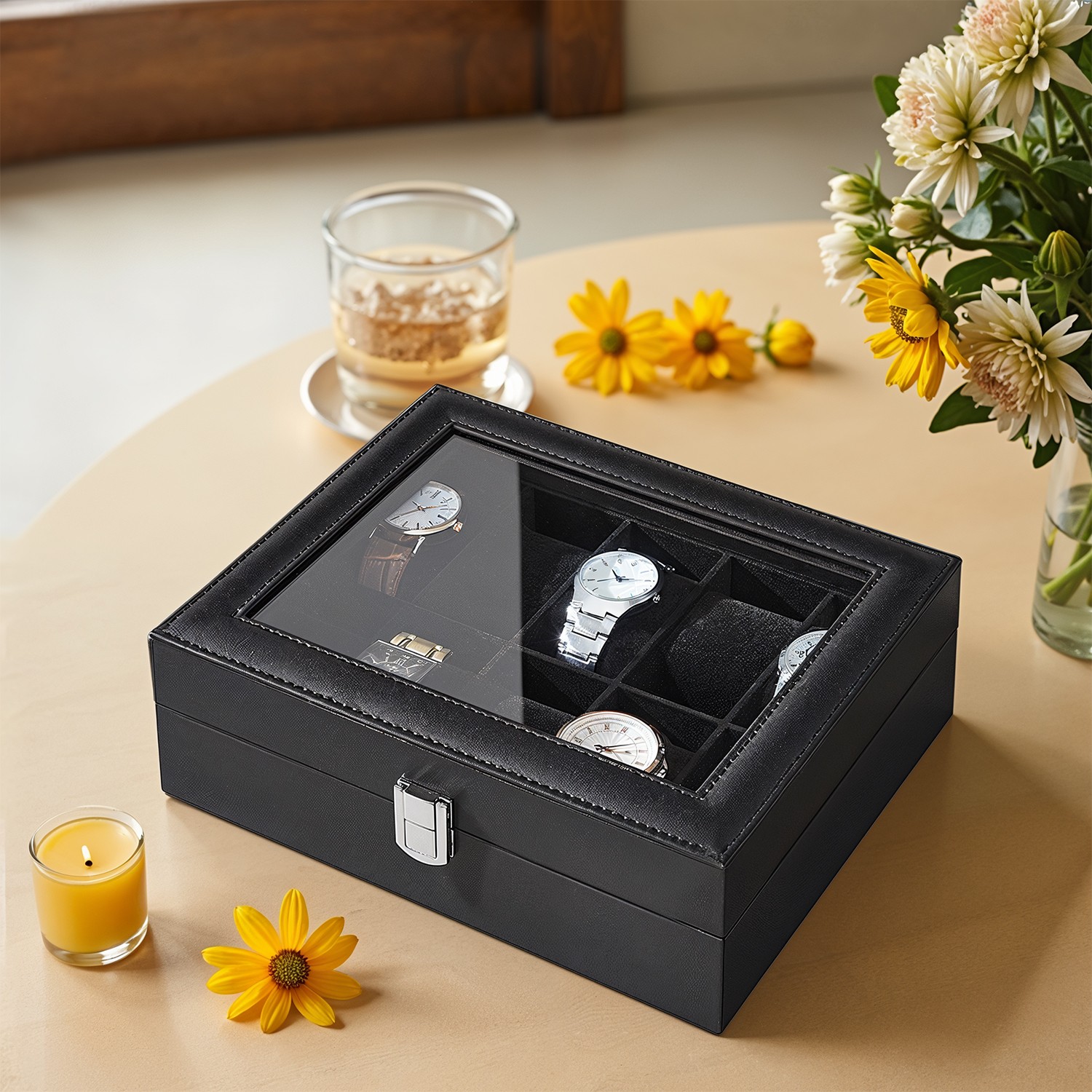 Uhrenbox mit 10 Fächern, Uhrenkasten, Glasdeckel