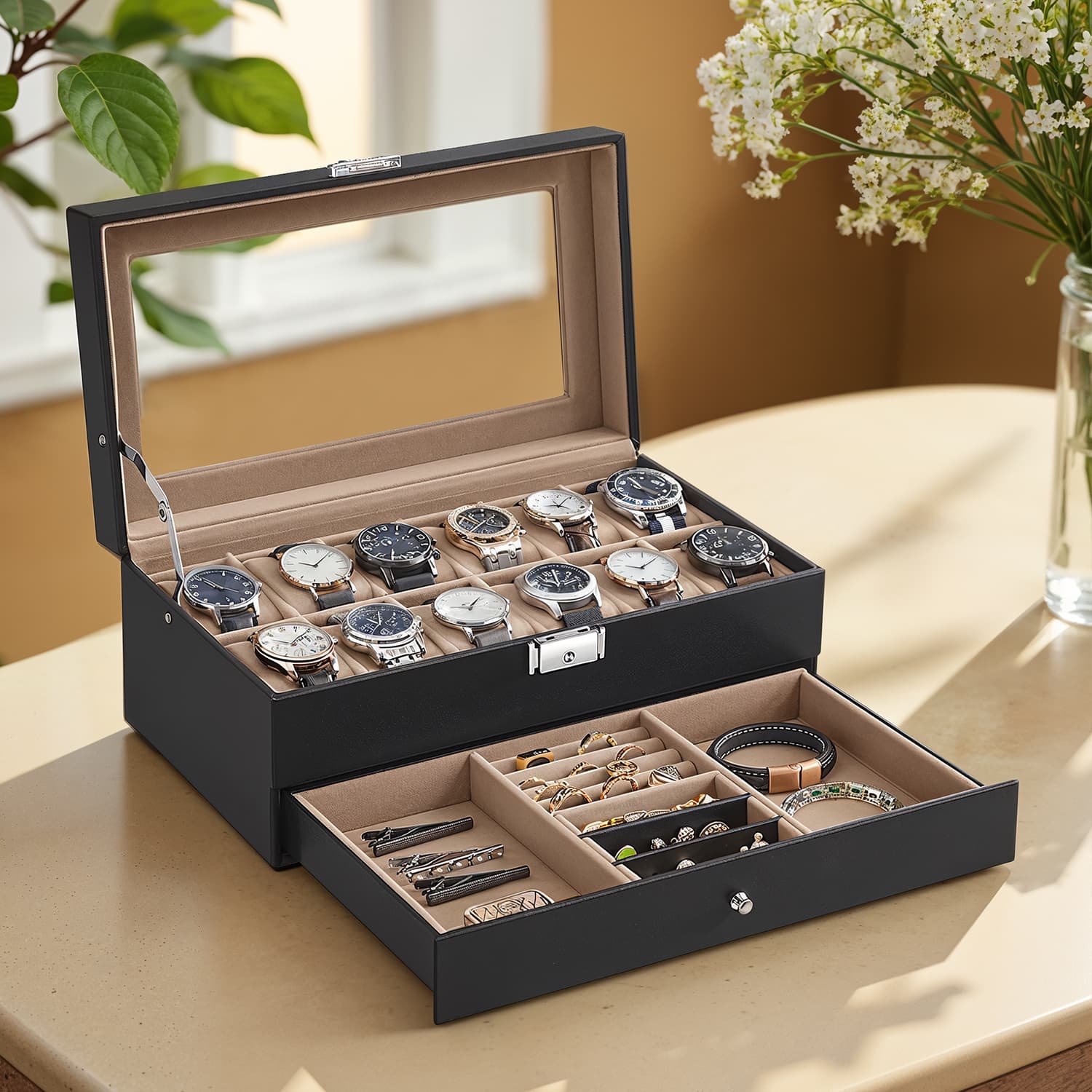 Uhrenbox, Uhrenkasten mit Glasdeckel, 2 Ebenen