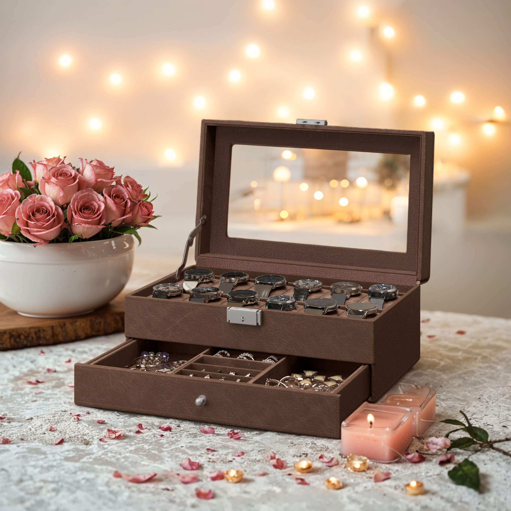 Uhrenbox, Uhrenkasten mit Glasdeckel, 2 Ebenen