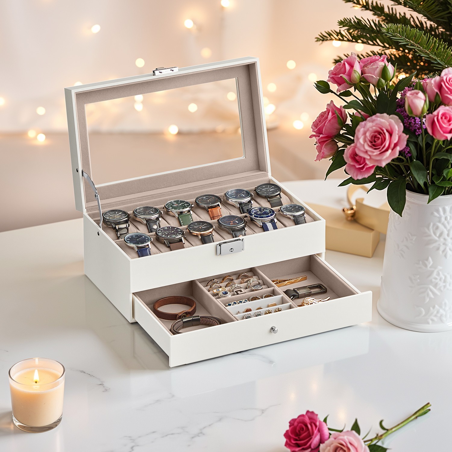 Uhrenbox, Uhrenkasten mit Glasdeckel, 2 Ebenen