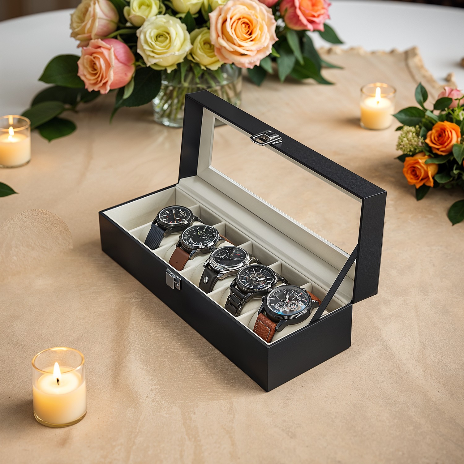 Uhrenbox mit 6 Fächern, Uhrenkasten, Glasdeckel