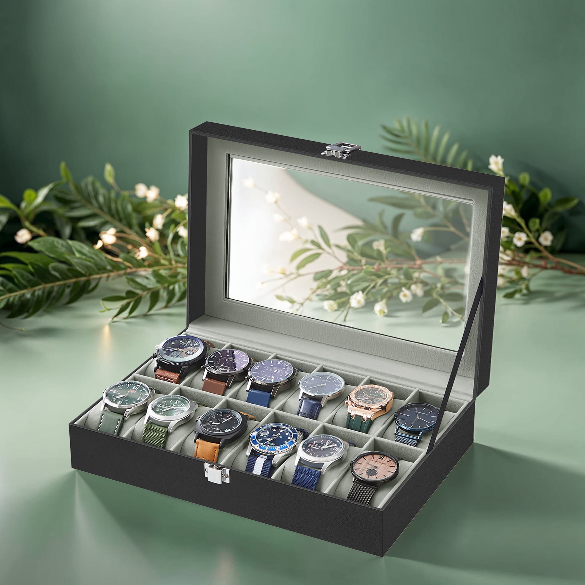Uhrenbox mit 12 Fächern, Uhrenkasten, Glasdeckel,
