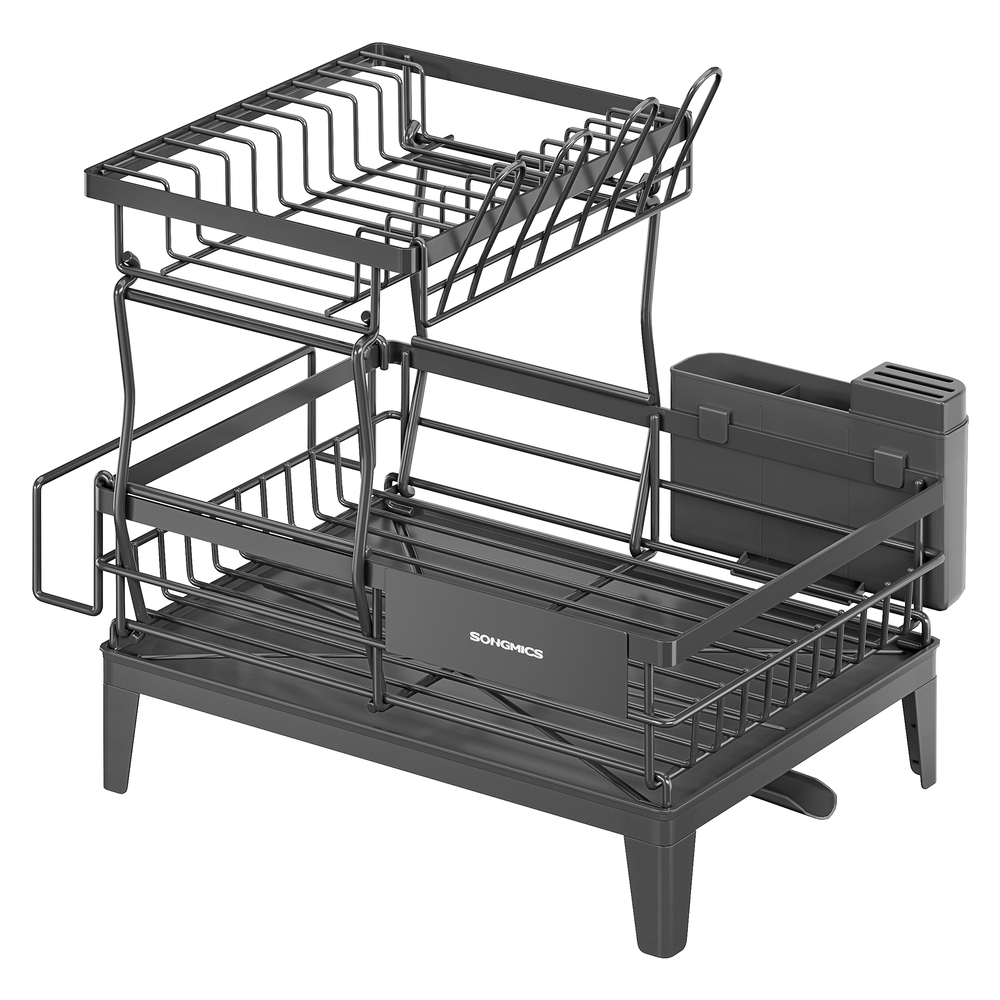 SONGMICS Abtropfgestell Geschirr, 2 stufiger Geschirr-Abtropfständer, 360° drehbarer und ausziehbarer Ablauf, Abtropfschale, Besteckhalter, Küche, 31 x 42 x 36,5 cm, anthrazitgrau KCS551G101