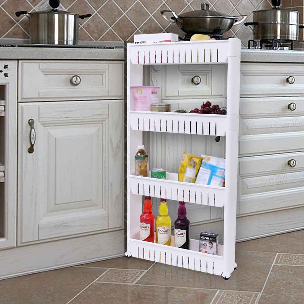 Schmales Badregal auf Rollen 4 Fächer