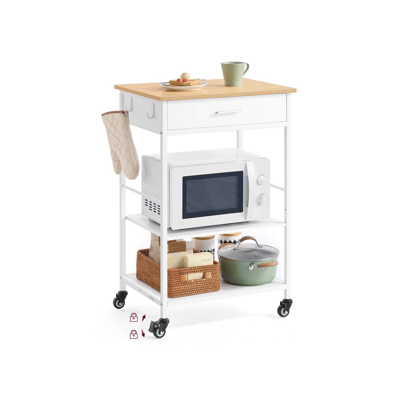 Küchewagen mit Rollen, mobiler Servierwagen mit Stauraum, Kücheninsel, 47 x 60 x 90 cm, Schublade, 2 Haken, für Esszimmer, eichenbeige-mattweiß