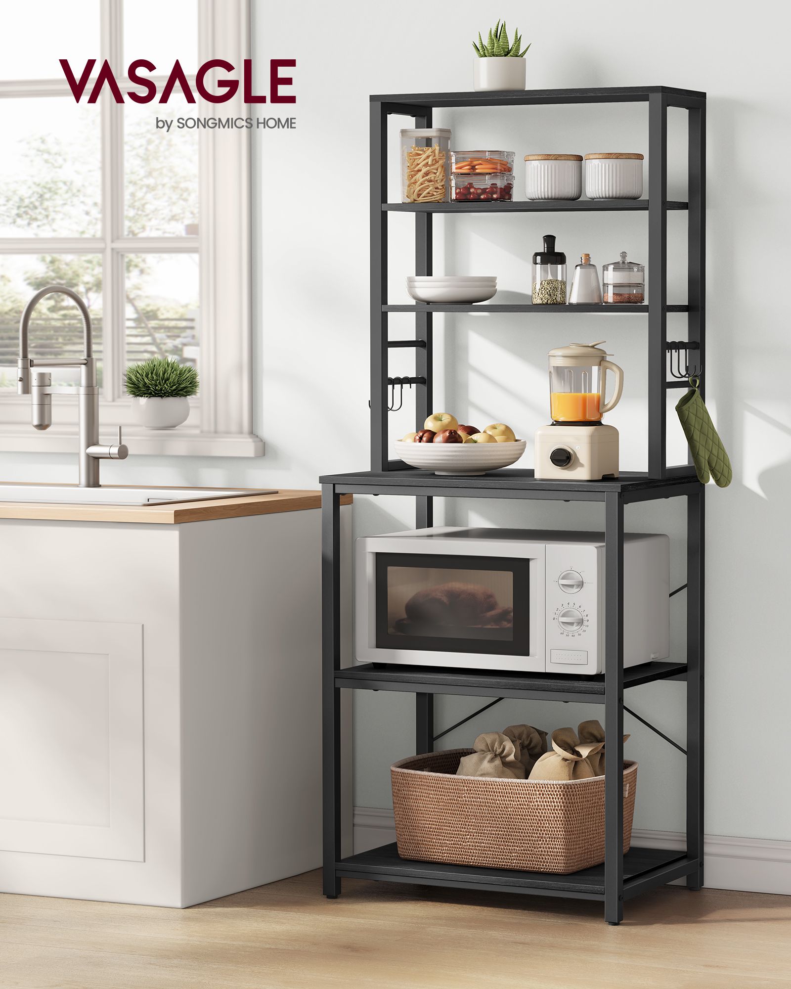 Virtuvės lentyna su 6 lentynų lygiais ir 6 kabliukais