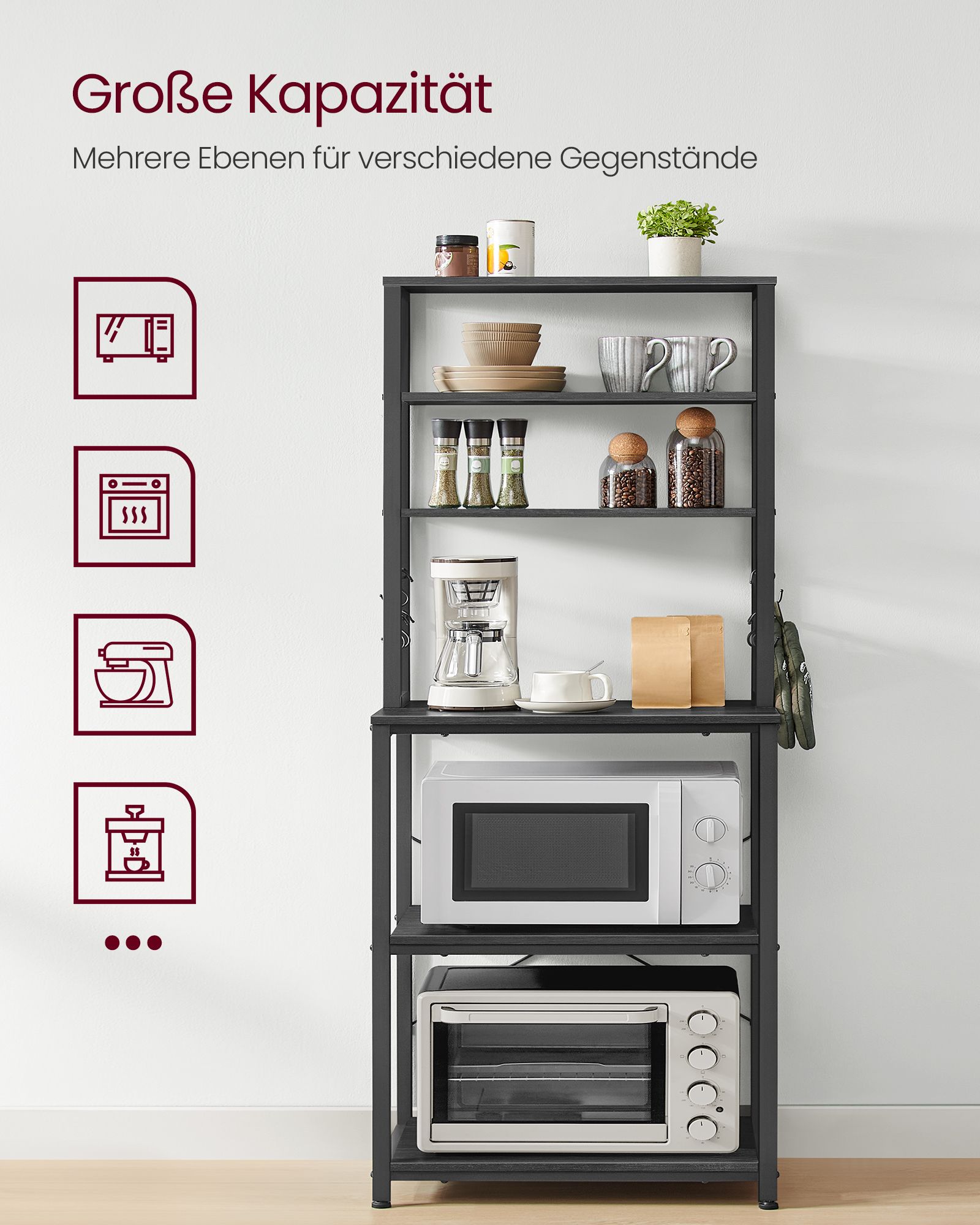 Virtuvės lentyna su 6 lentynų lygiais ir 6 kabliukais