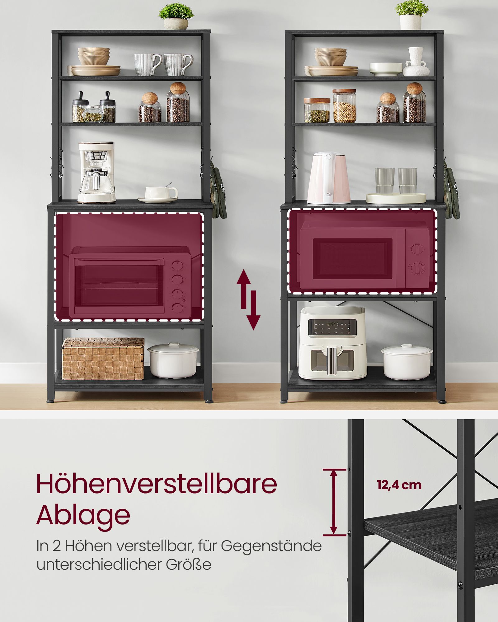 Virtuvės lentyna su 6 lentynų lygiais ir 6 kabliukais