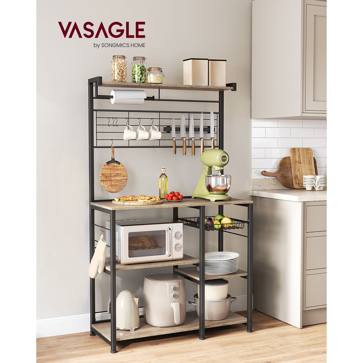 Virtuvės lentyna su 12 kabliukų greige-juoda