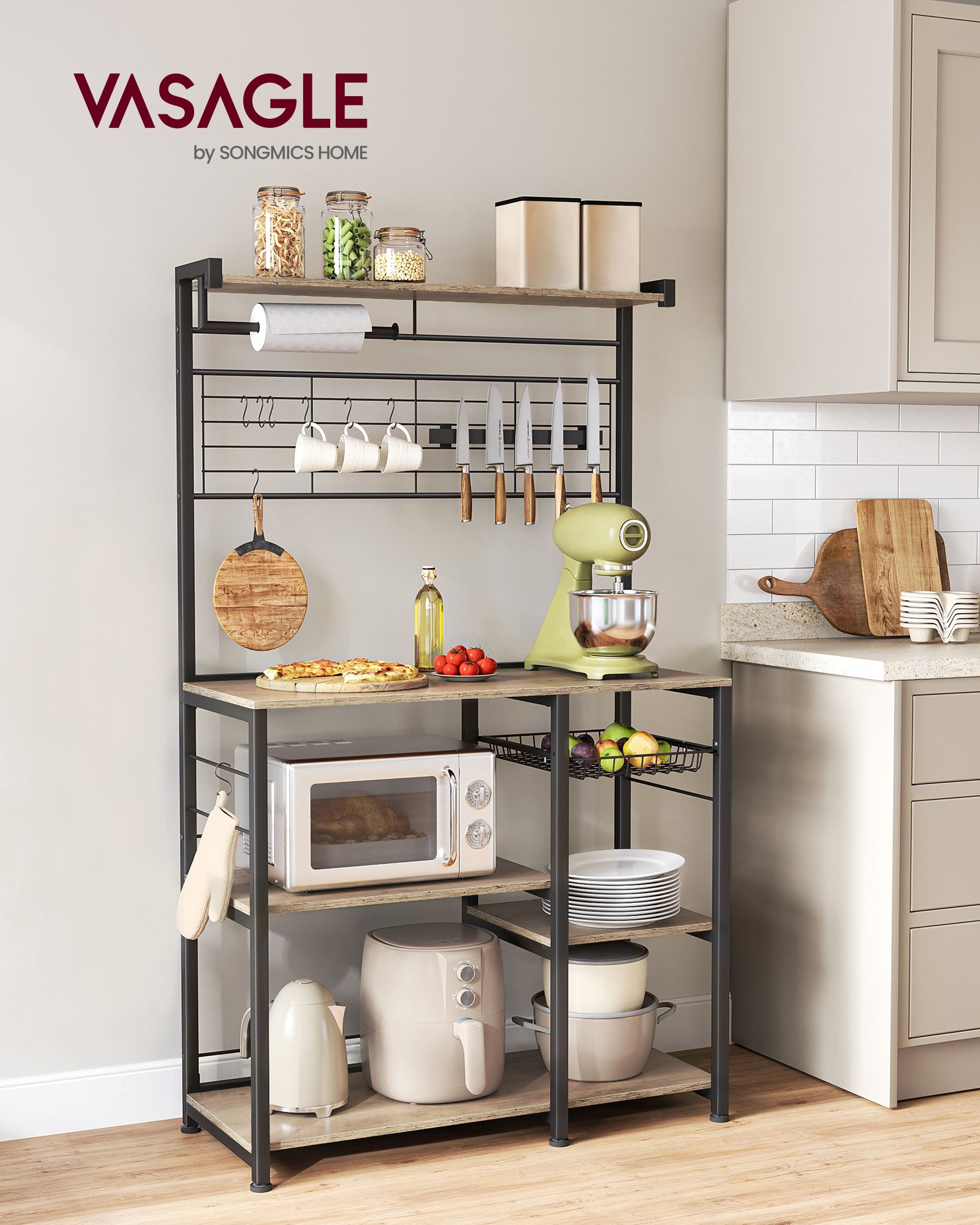 Virtuvės lentyna su 12 kabliukų greige-juoda